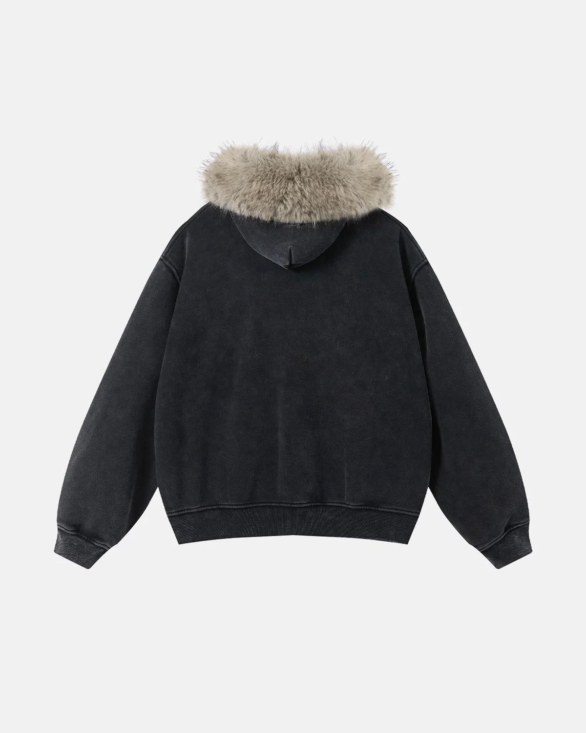 Omygoods Faux Fur Collar Acid Wash Zip Up Hoodie