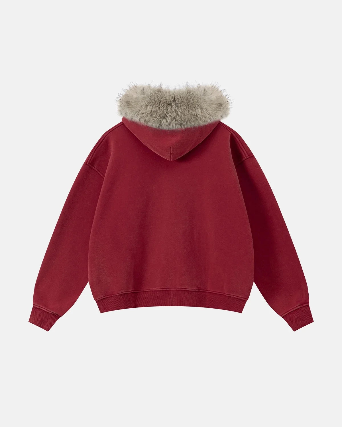 Omygoods Faux Fur Collar Acid Wash Zip Up Hoodie