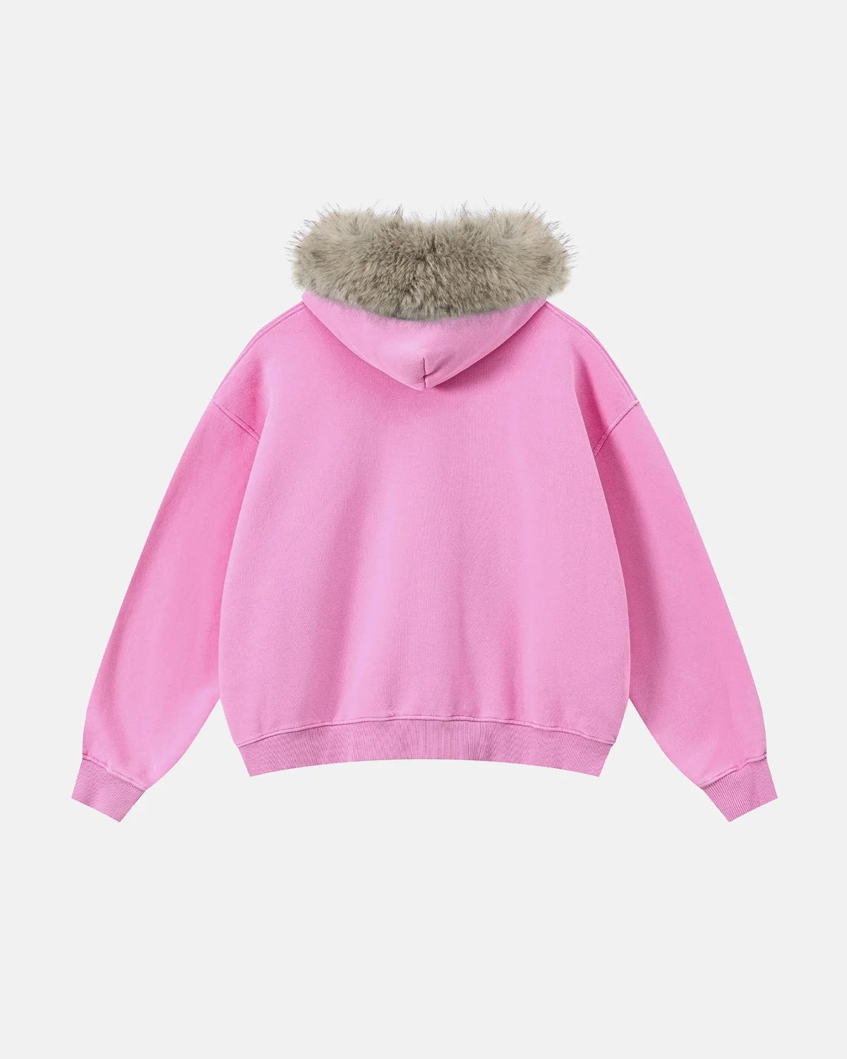 Omygoods Faux Fur Collar Acid Wash Zip Up Hoodie