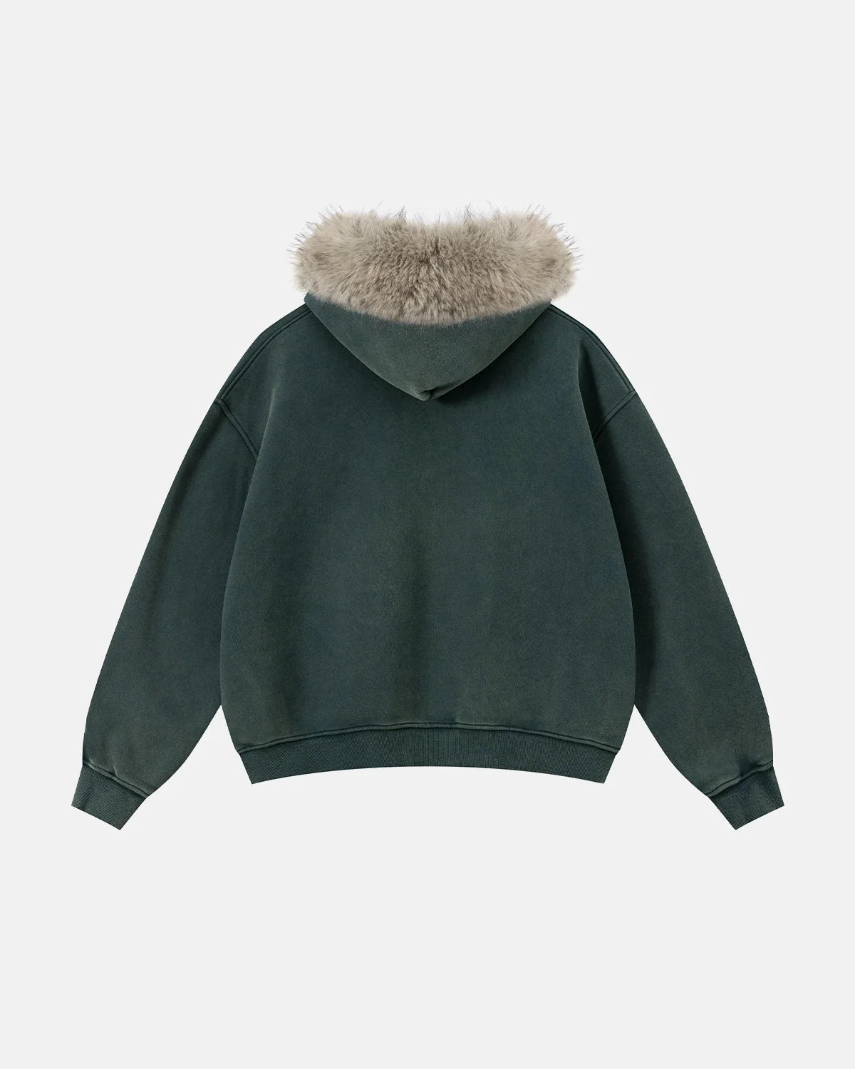 Omygoods Faux Fur Collar Acid Wash Zip Up Hoodie