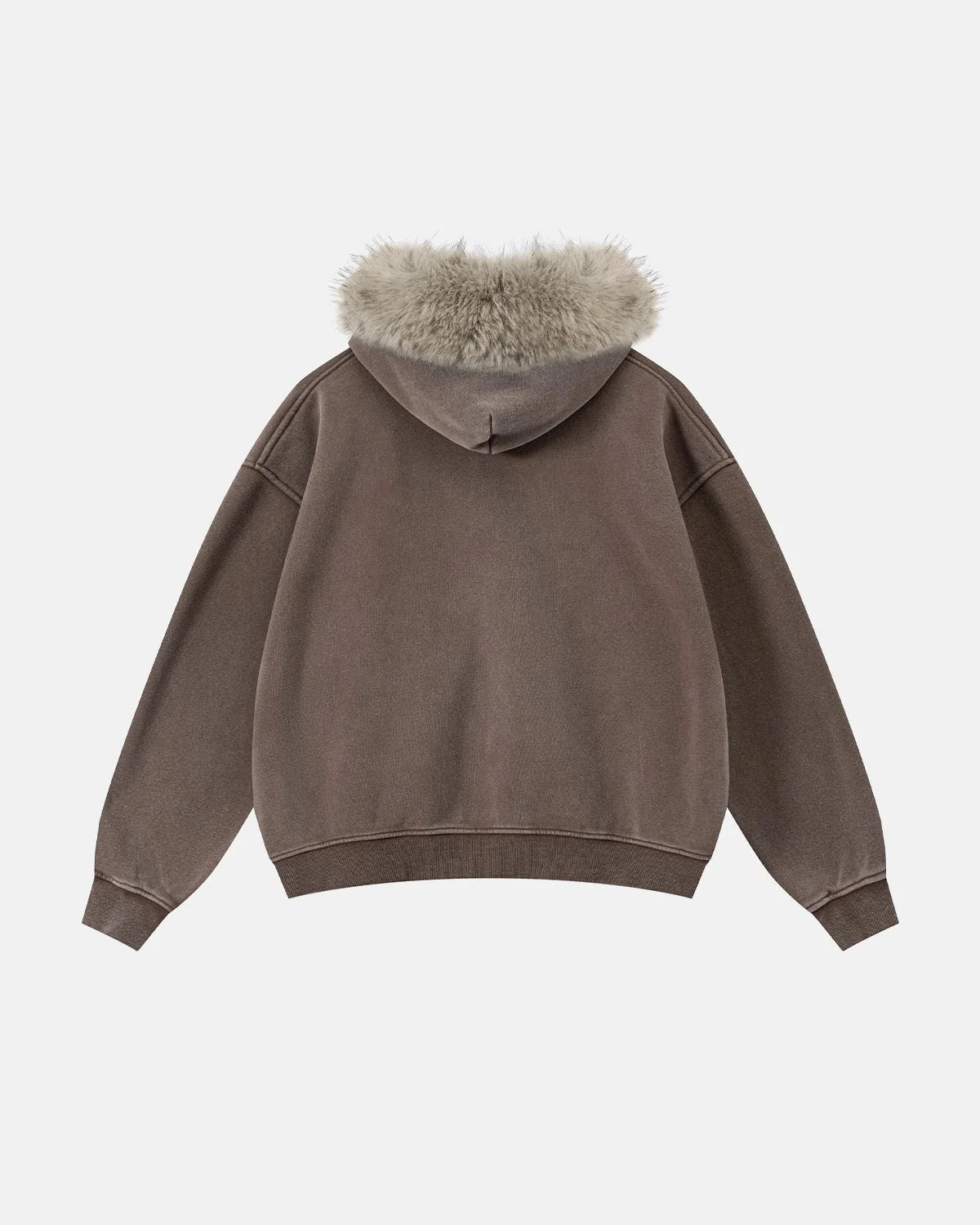 Omygoods Faux Fur Collar Acid Wash Zip Up Hoodie