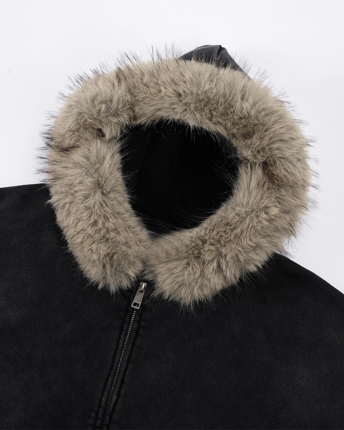 Omygoods Faux Fur Collar Acid Wash Zip Up Hoodie