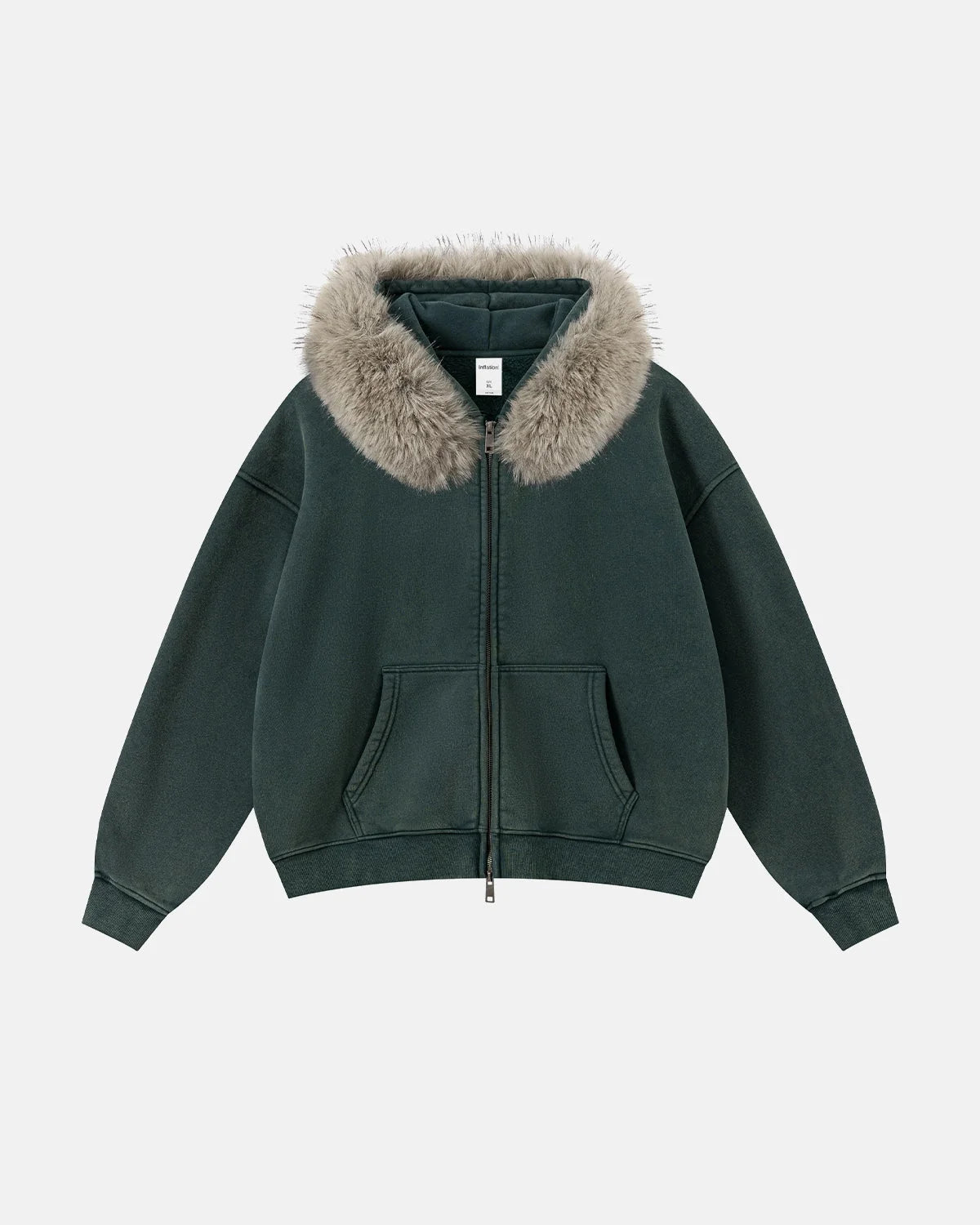 Omygoods Faux Fur Collar Acid Wash Zip Up Hoodie