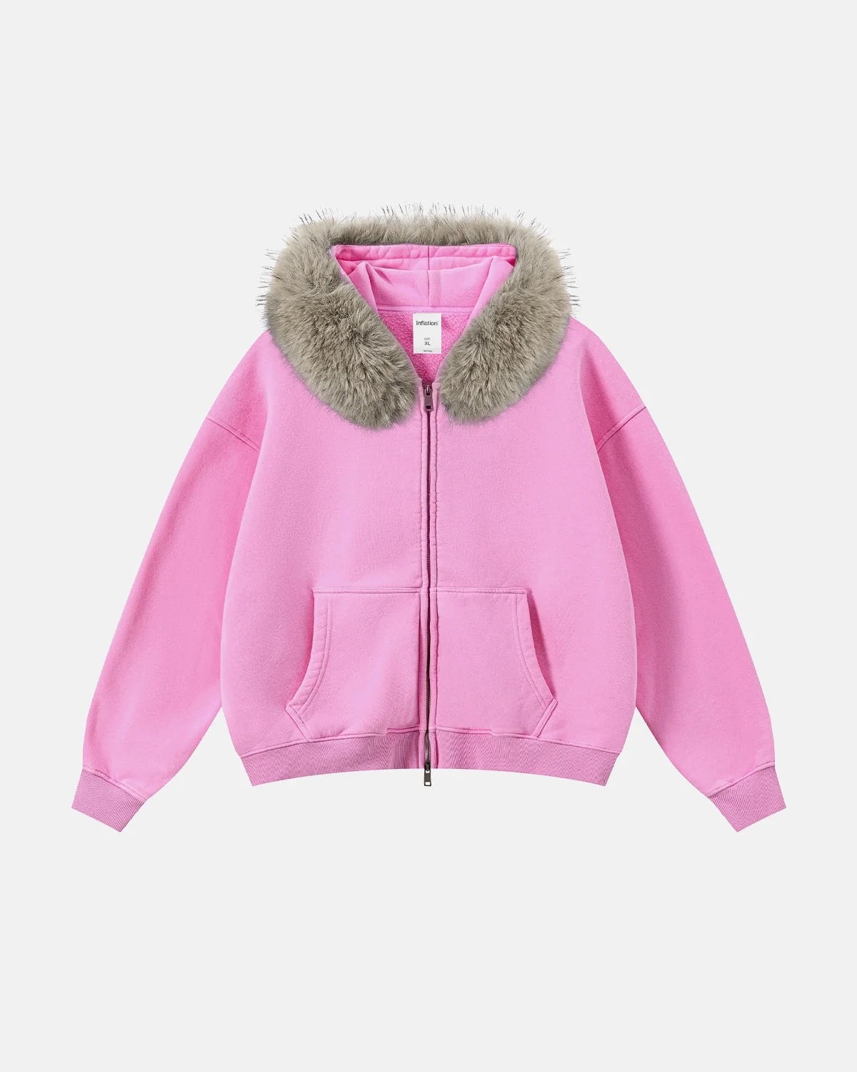 Omygoods Faux Fur Collar Acid Wash Zip Up Hoodie
