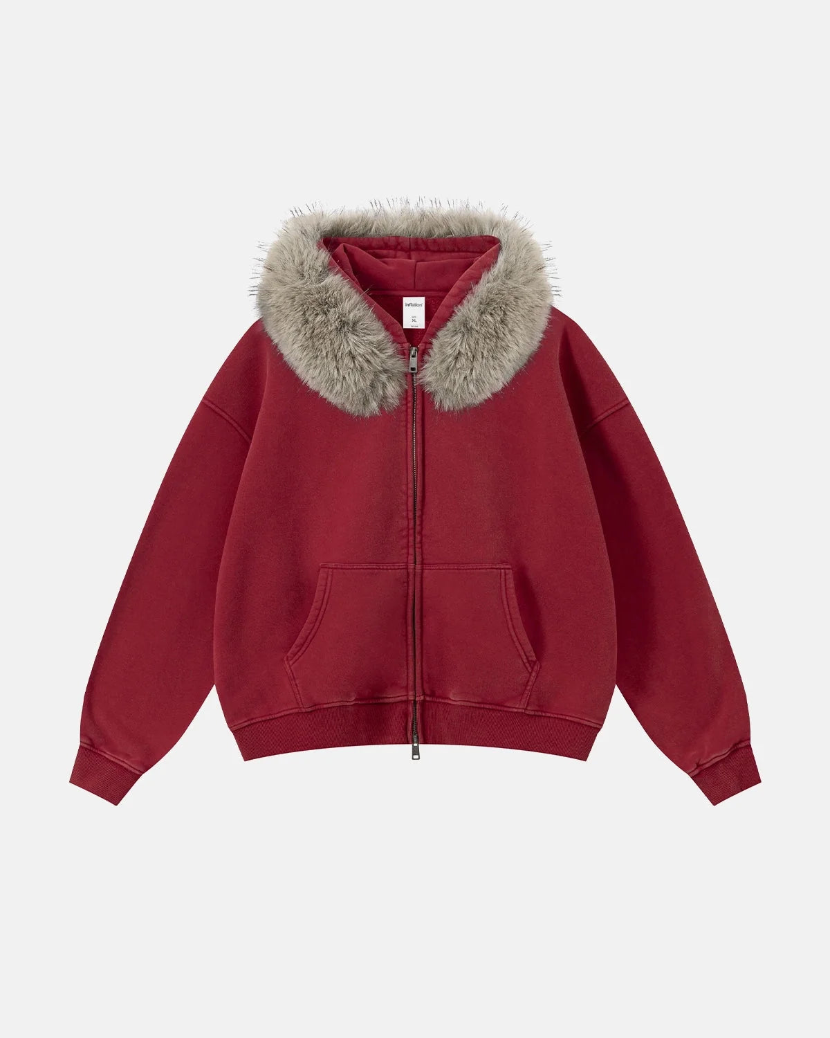 Omygoods Faux Fur Collar Acid Wash Zip Up Hoodie