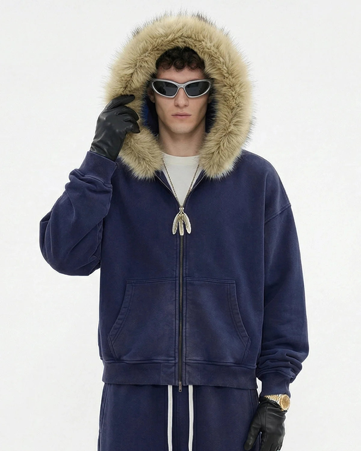 Omygoods Faux Fur Collar Acid Wash Zip Up Hoodie