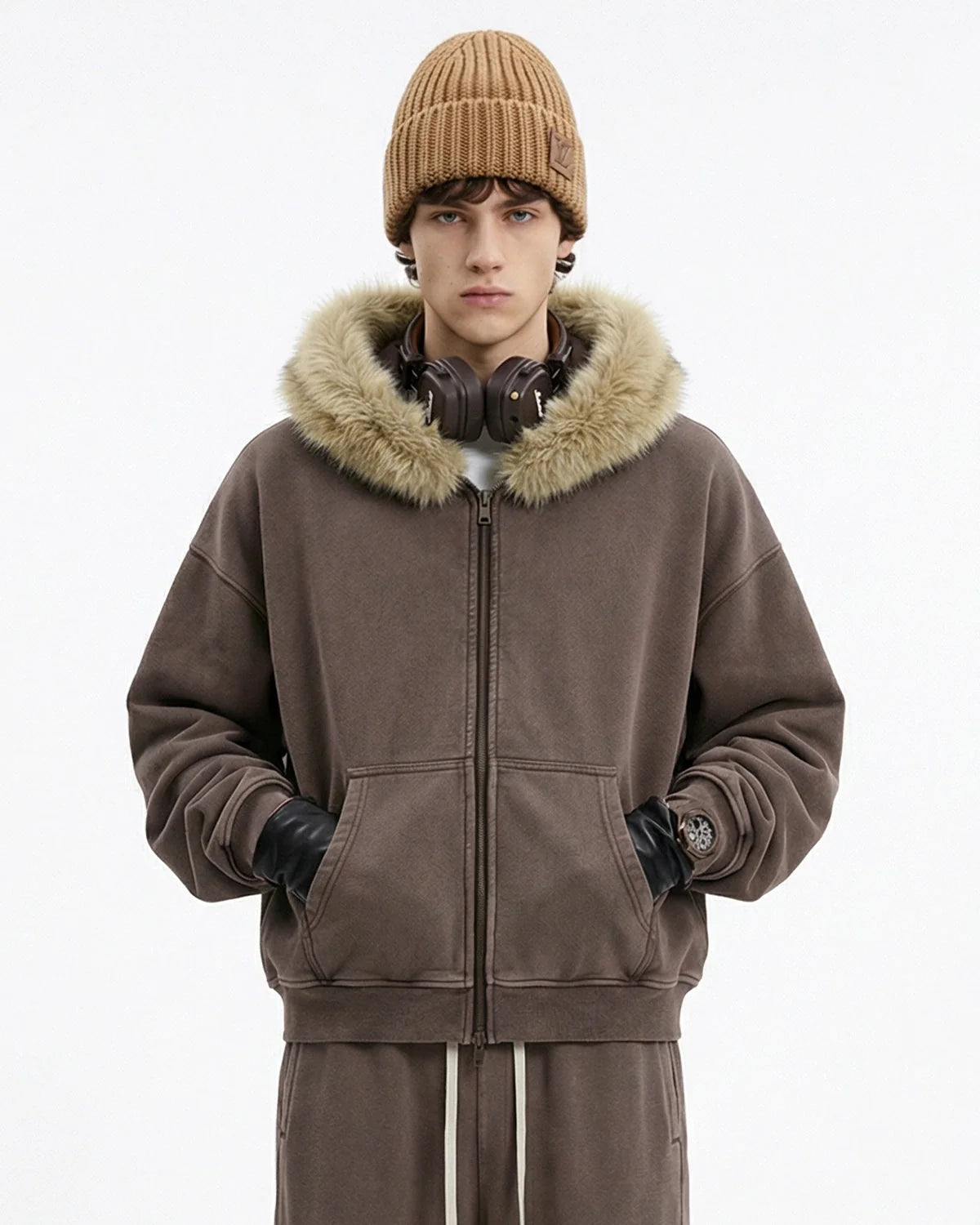 Omygoods Faux Fur Collar Acid Wash Zip Up Hoodie