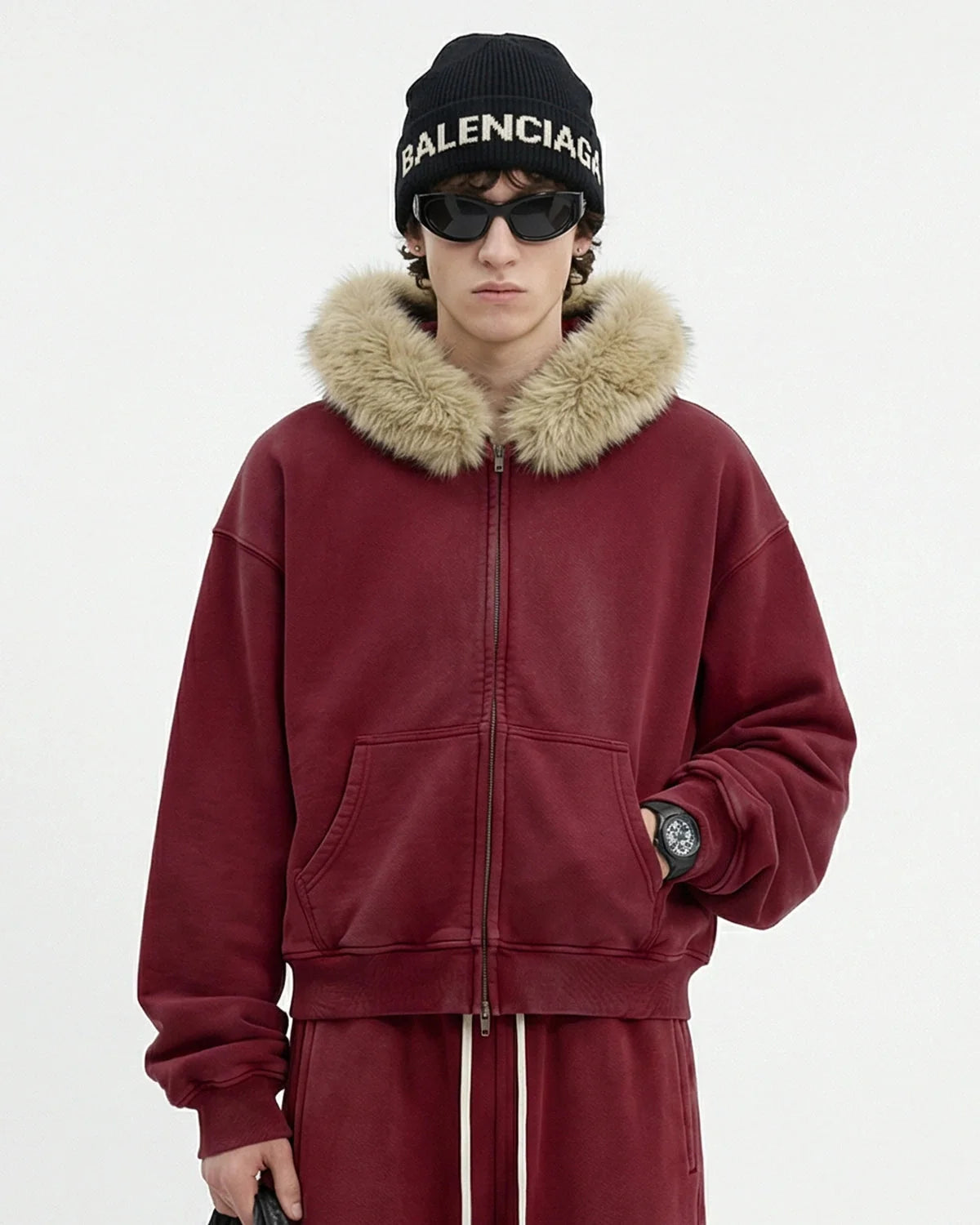 Omygoods Faux Fur Collar Acid Wash Zip Up Hoodie