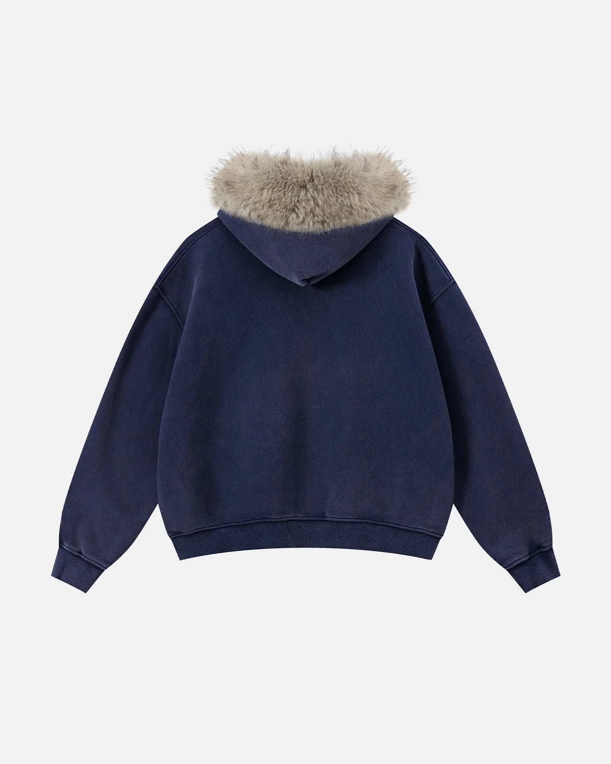Omygoods Faux Fur Collar Distressed Zip Up Hoodie