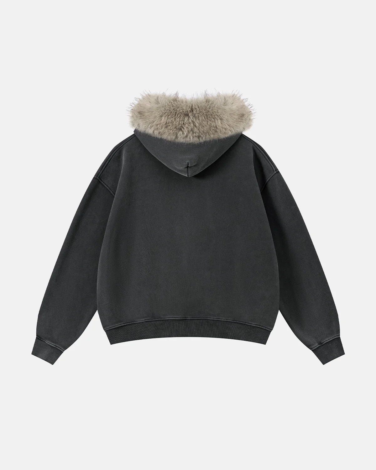 Omygoods Faux Fur Collar Distressed Zip Up Hoodie