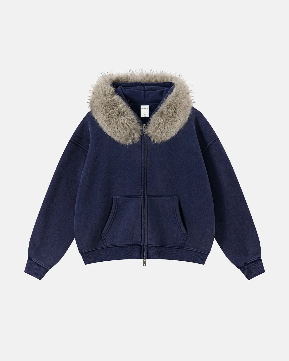 Omygoods Faux Fur Collar Distressed Zip Up Hoodie