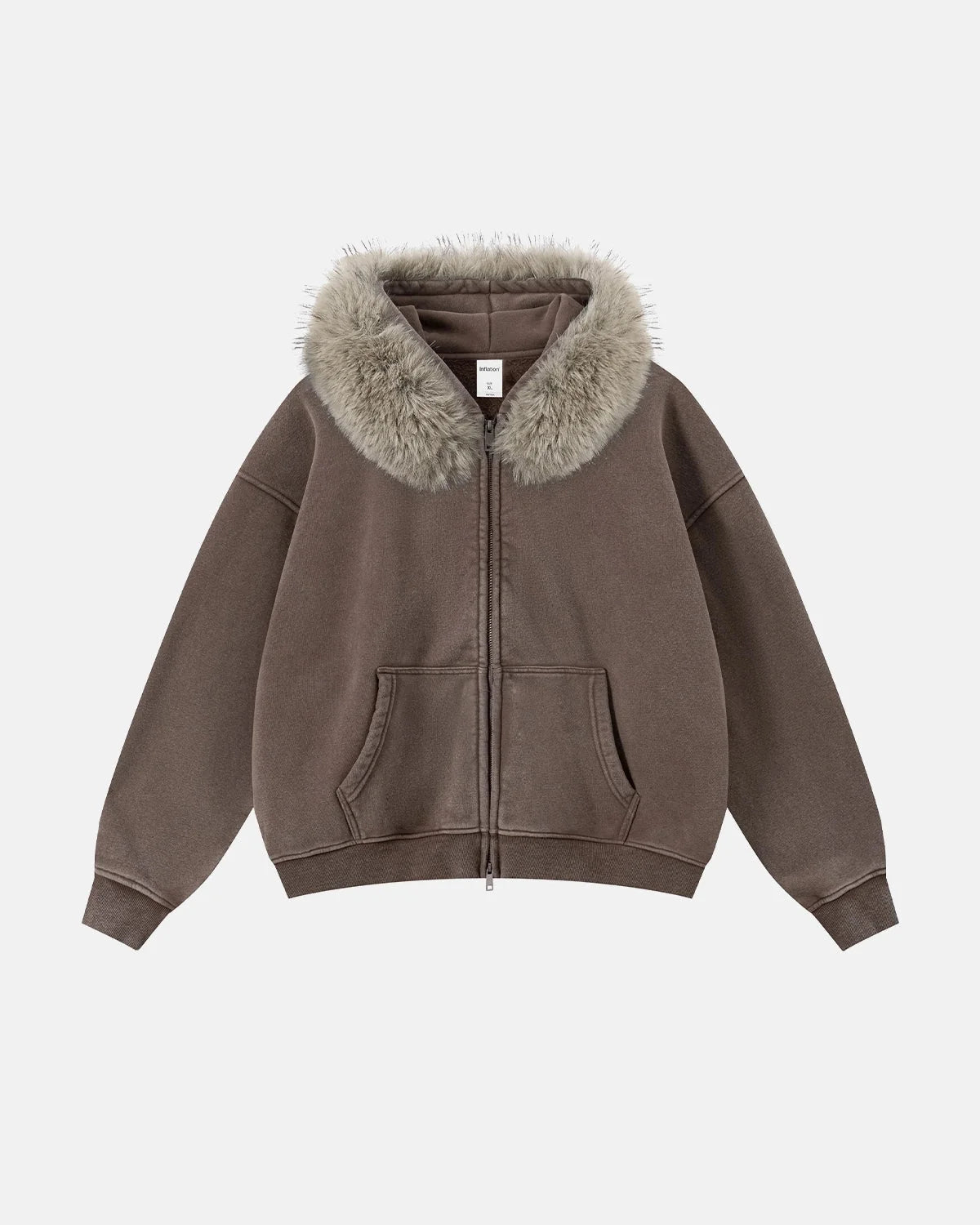 Omygoods Faux Fur Collar Distressed Zip Up Hoodie