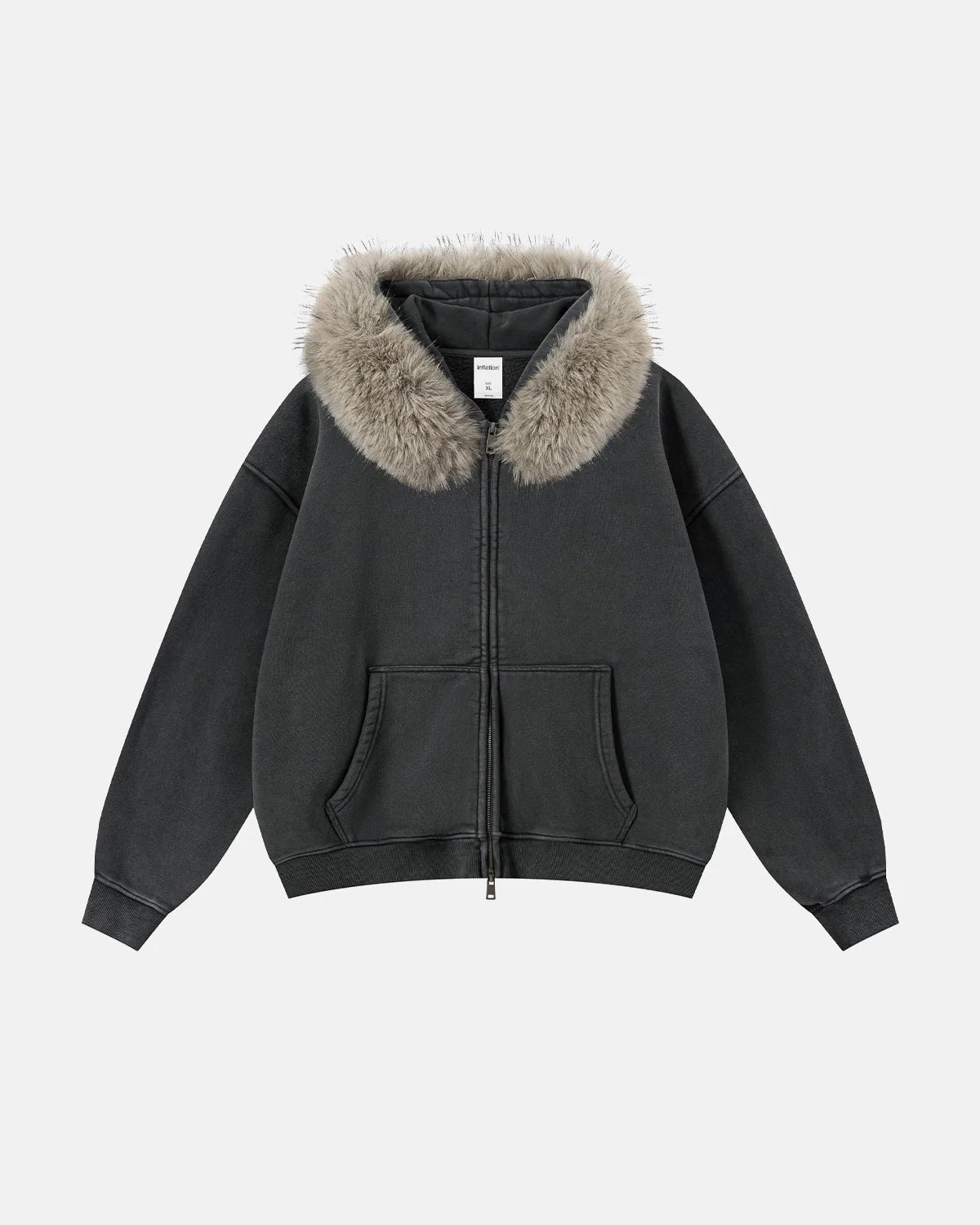 Omygoods Faux Fur Collar Distressed Zip Up Hoodie