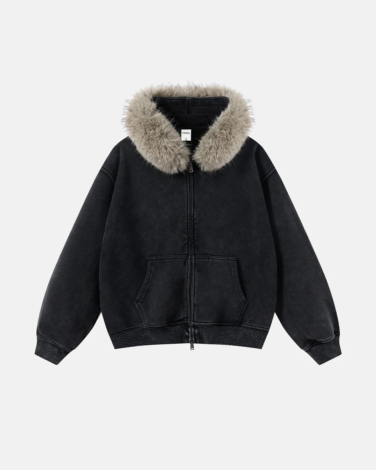 Omygoods Faux Fur Collar Distressed Zip Up Hoodie