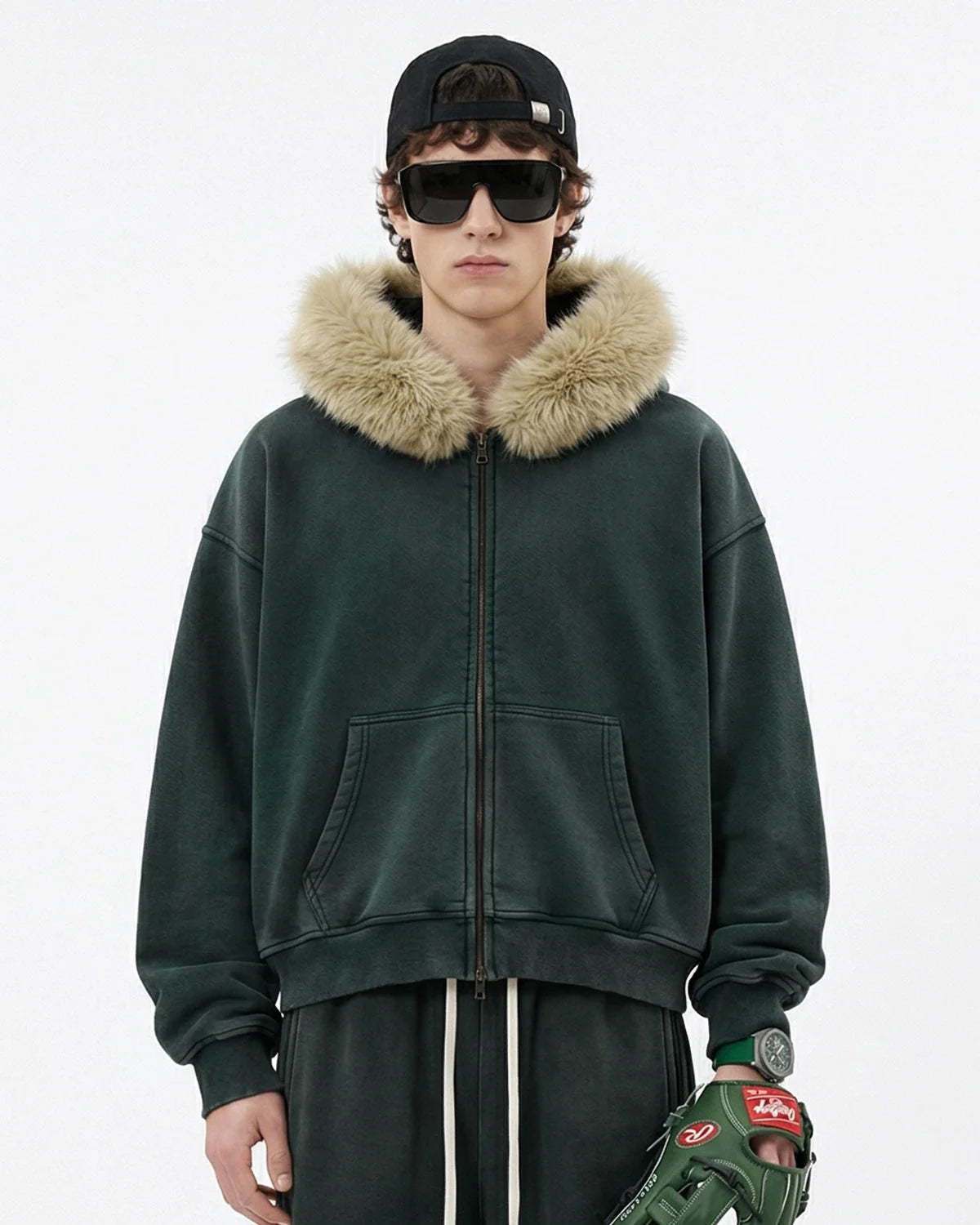 Omygoods Faux Fur Collar Distressed Zip Up Hoodie