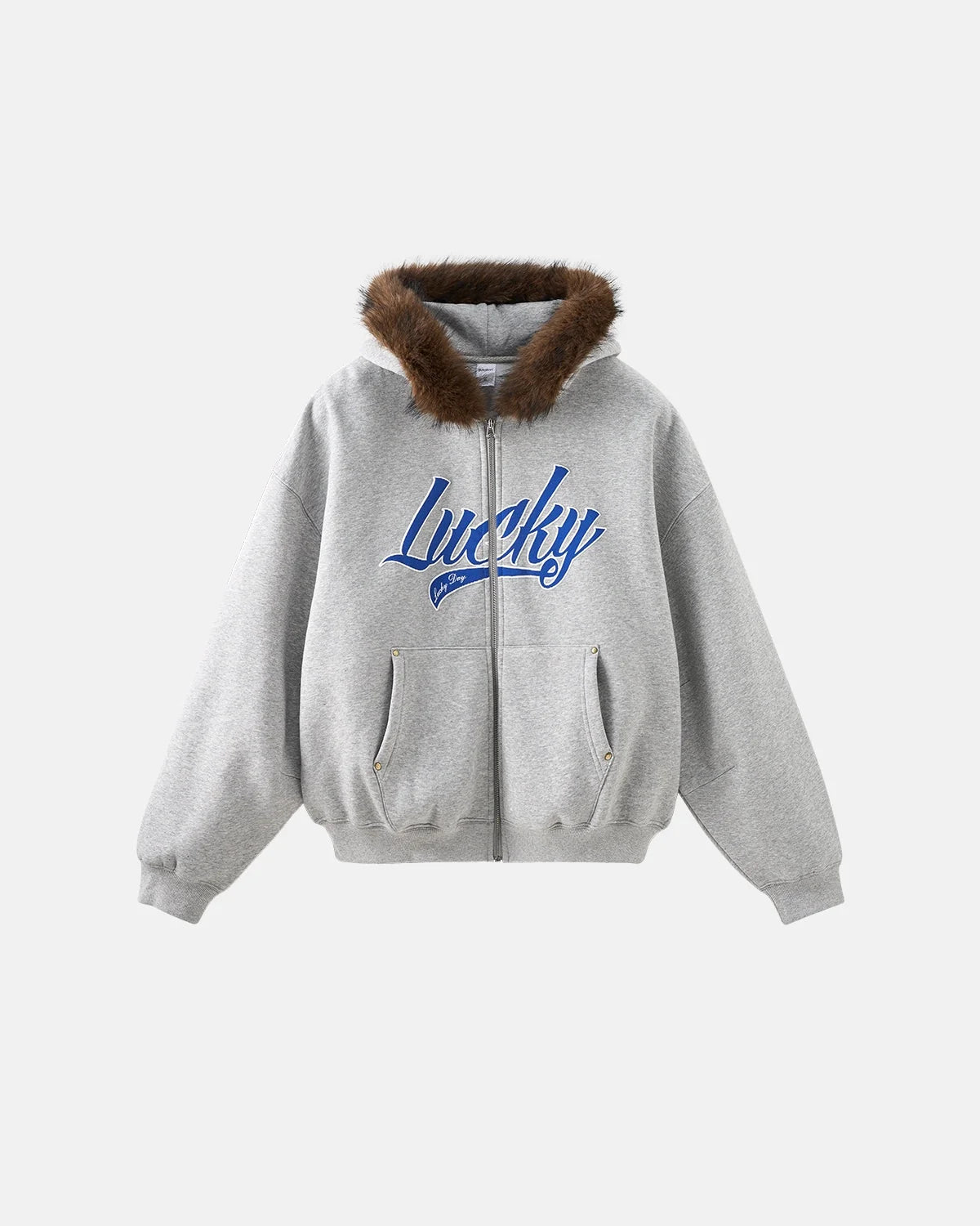 Omygoods Faux Fur Collar Zip Up Hoodie Jacket
