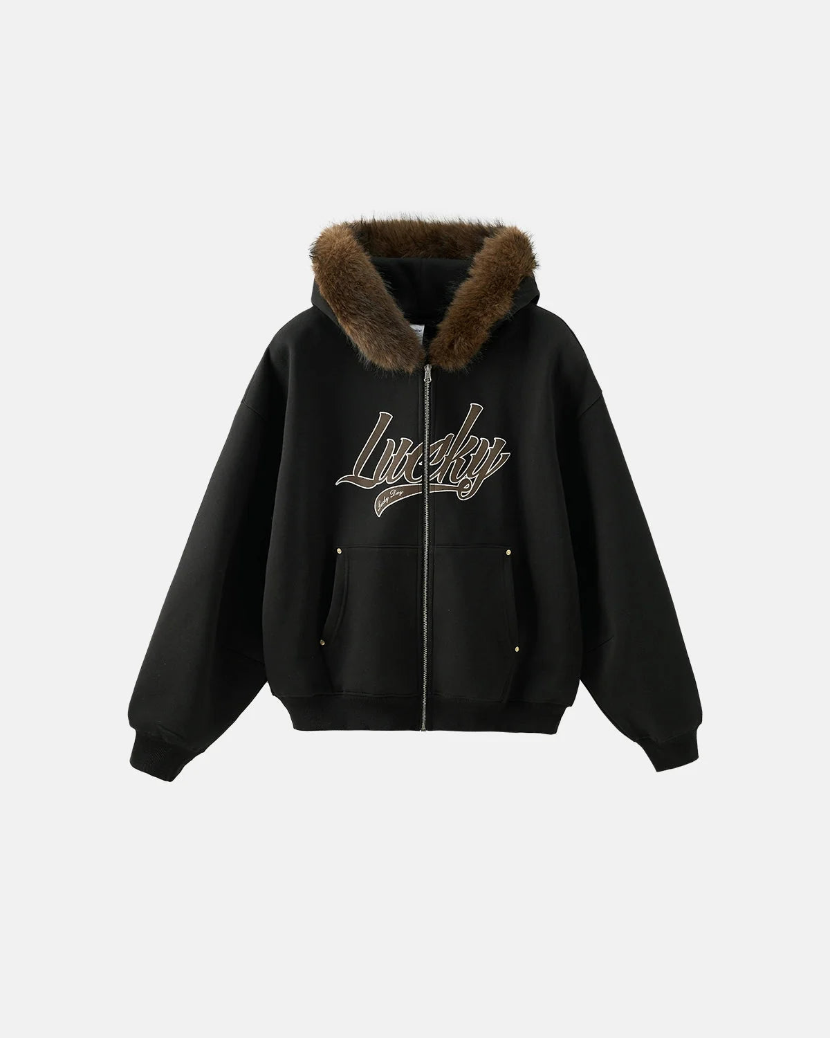 Omygoods Faux Fur Collar Zip Up Hoodie Jacket