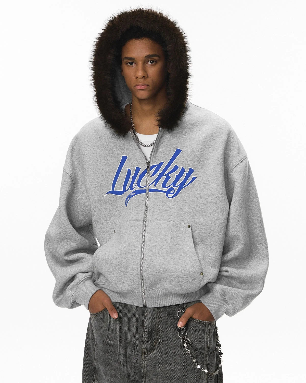 Omygoods Faux Fur Collar Zip Up Hoodie Jacket
