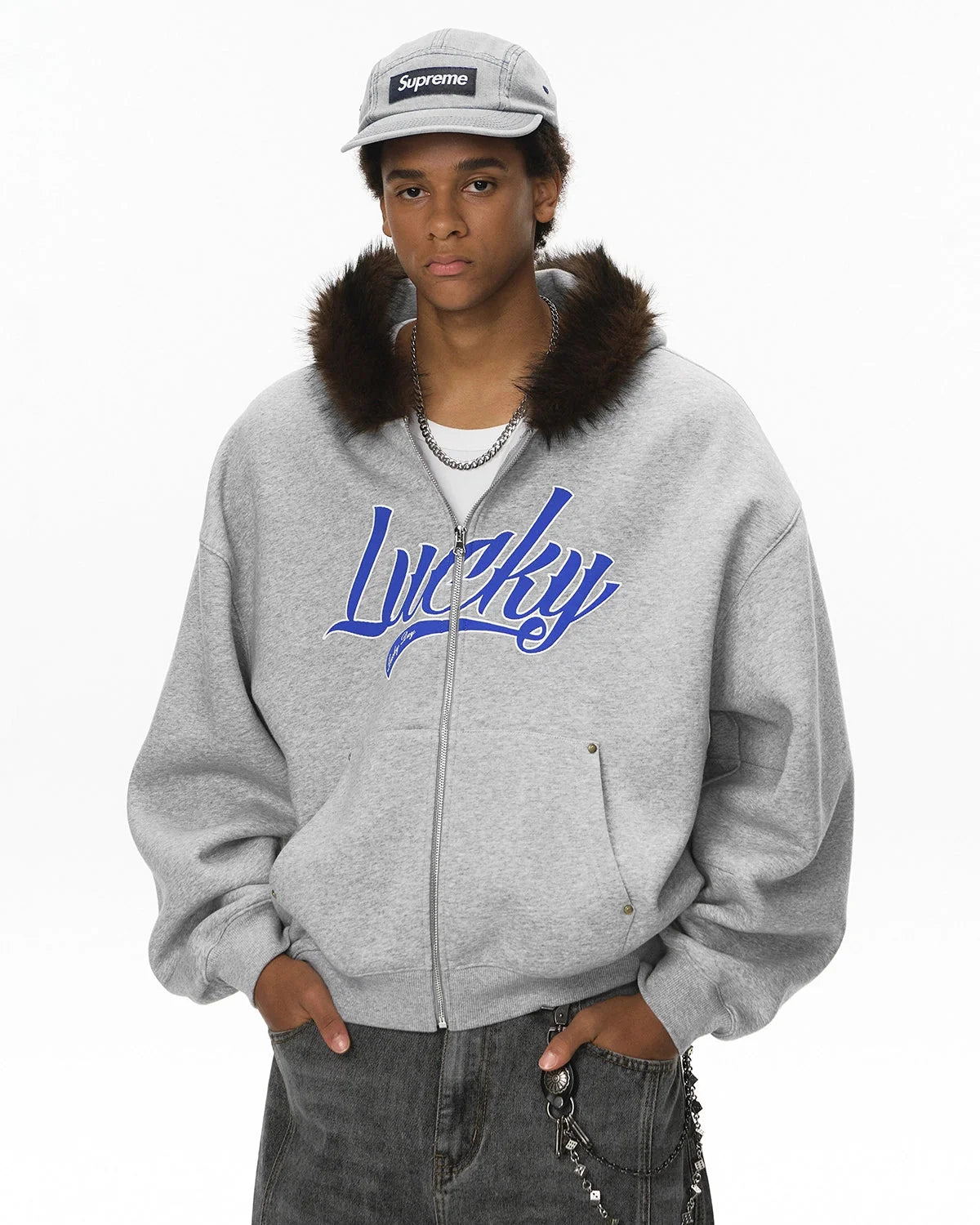 Omygoods Faux Fur Collar Zip Up Hoodie Jacket