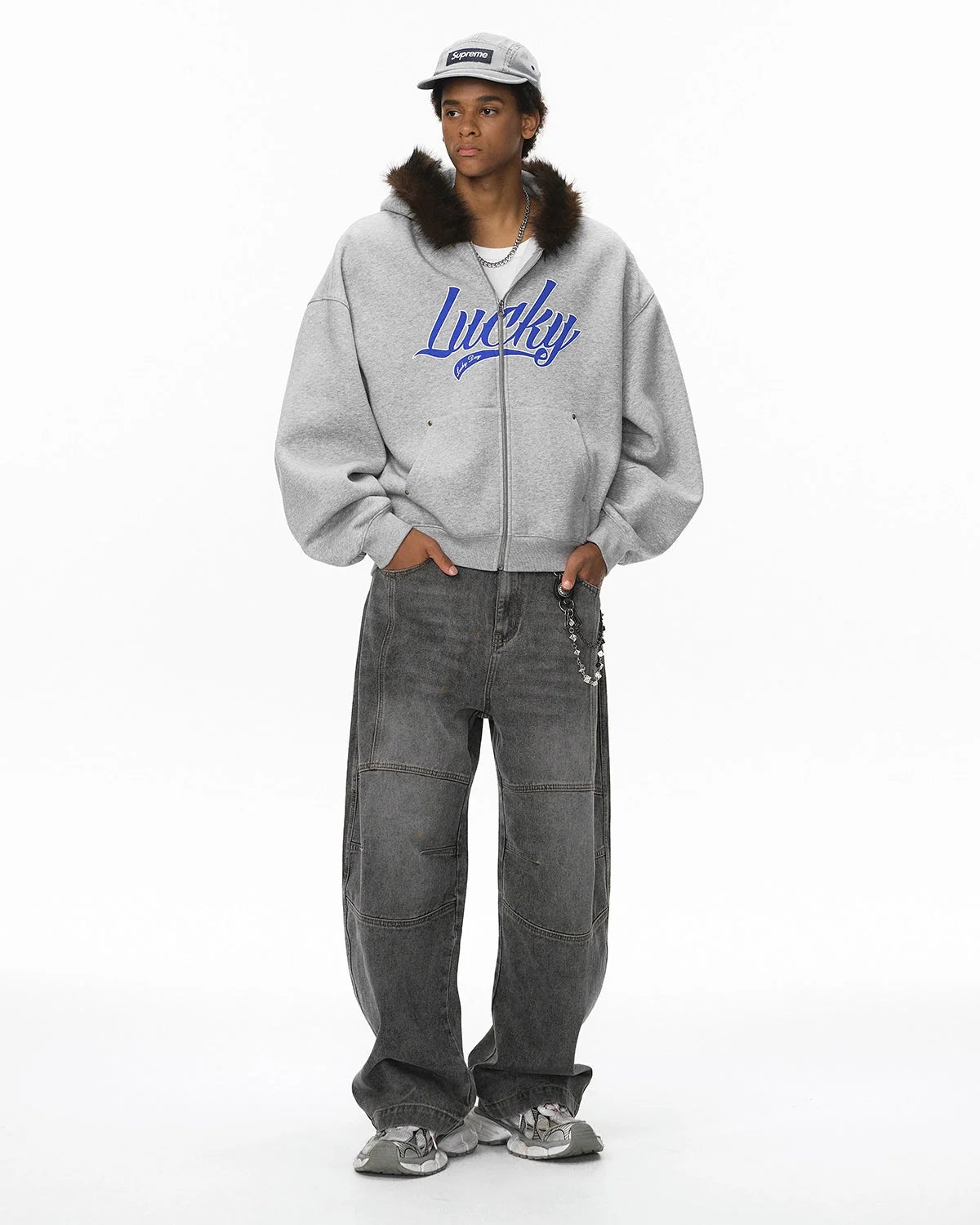 Omygoods Faux Fur Collar Zip Up Hoodie Jacket