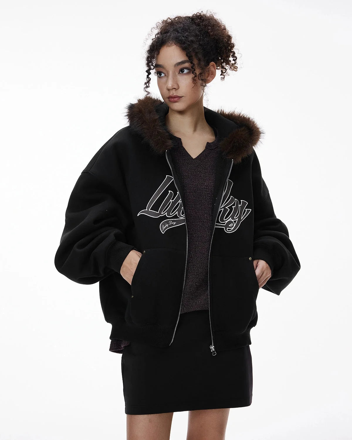 Omygoods Faux Fur Collar Zip Up Hoodie Jacket