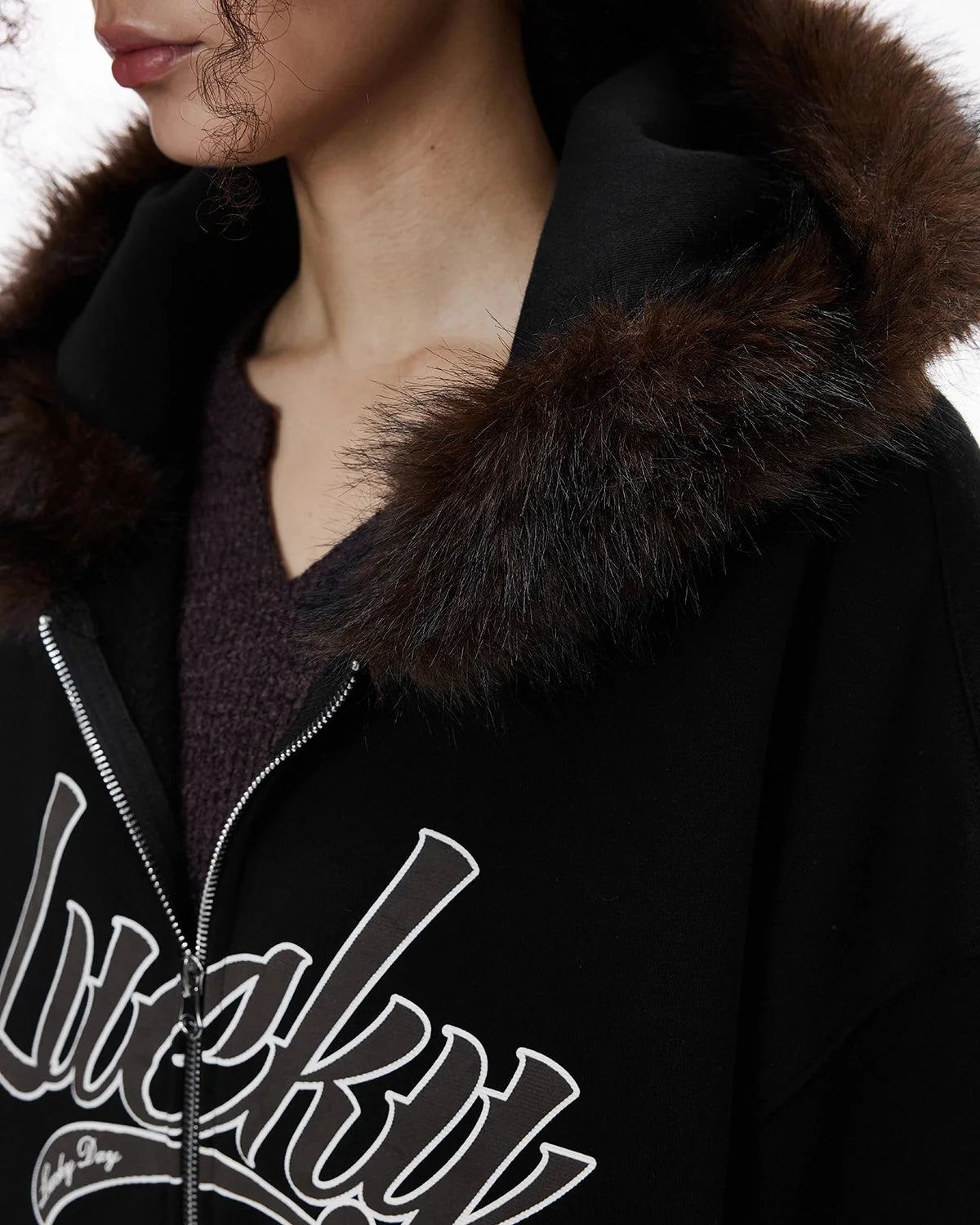 Omygoods Faux Fur Collar Zip Up Hoodie Jacket