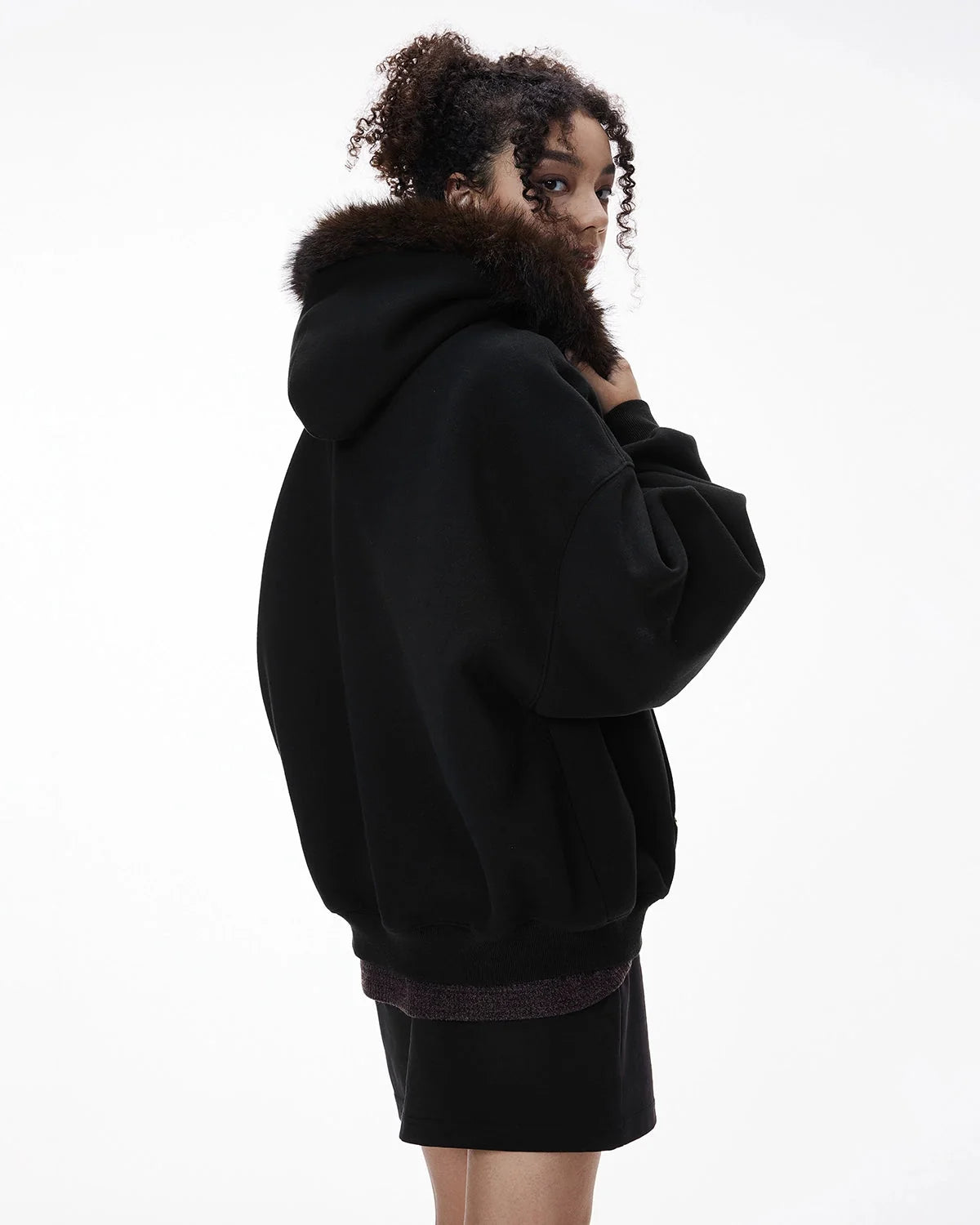 Omygoods Faux Fur Collar Zip Up Hoodie Jacket