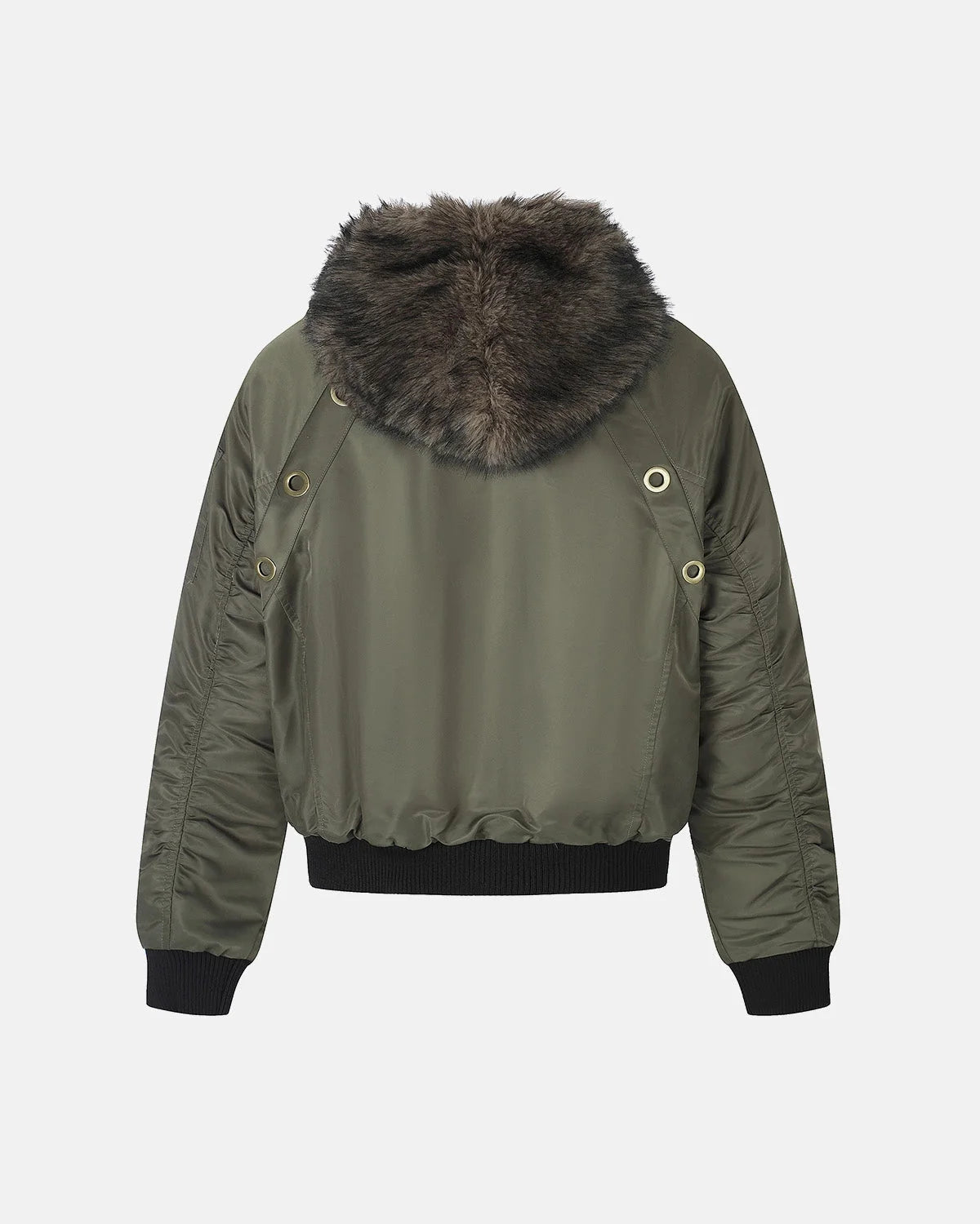 Omygoods Faux Fur Grommet Hooded Bomber Jacket