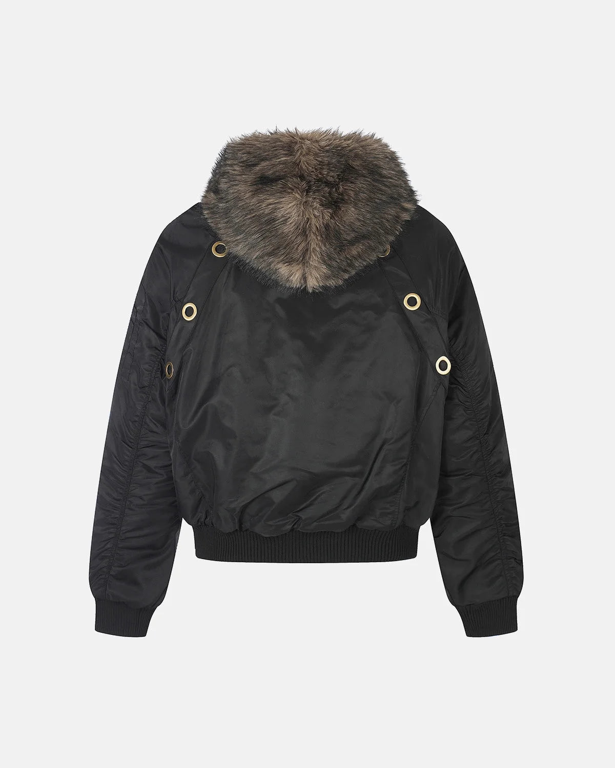 Omygoods Faux Fur Grommet Hooded Bomber Jacket