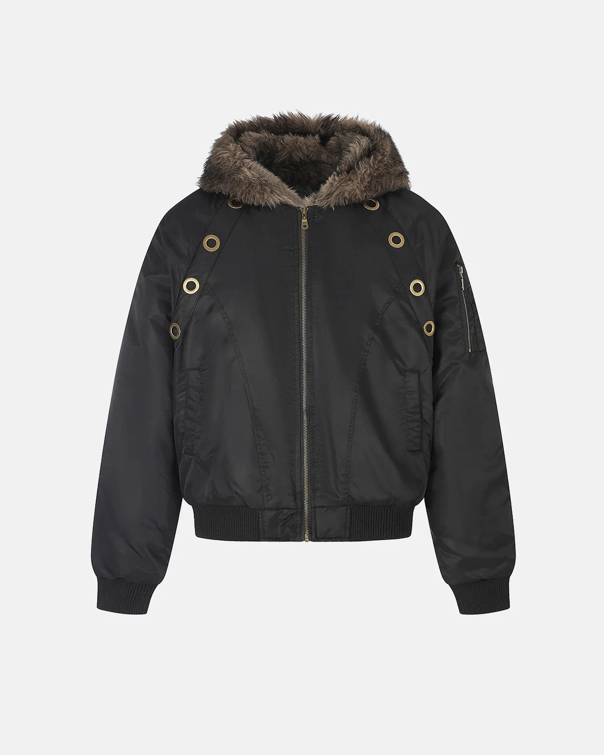 Omygoods Faux Fur Grommet Hooded Bomber Jacket