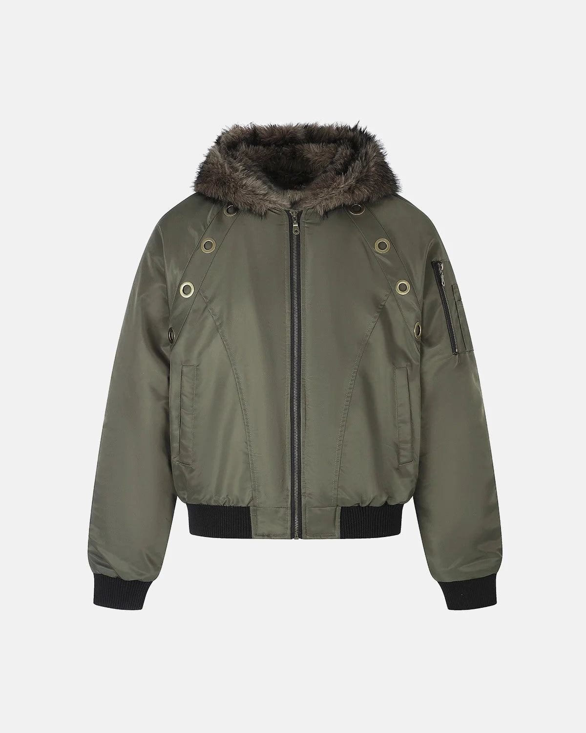 Omygoods Faux Fur Grommet Hooded Bomber Jacket