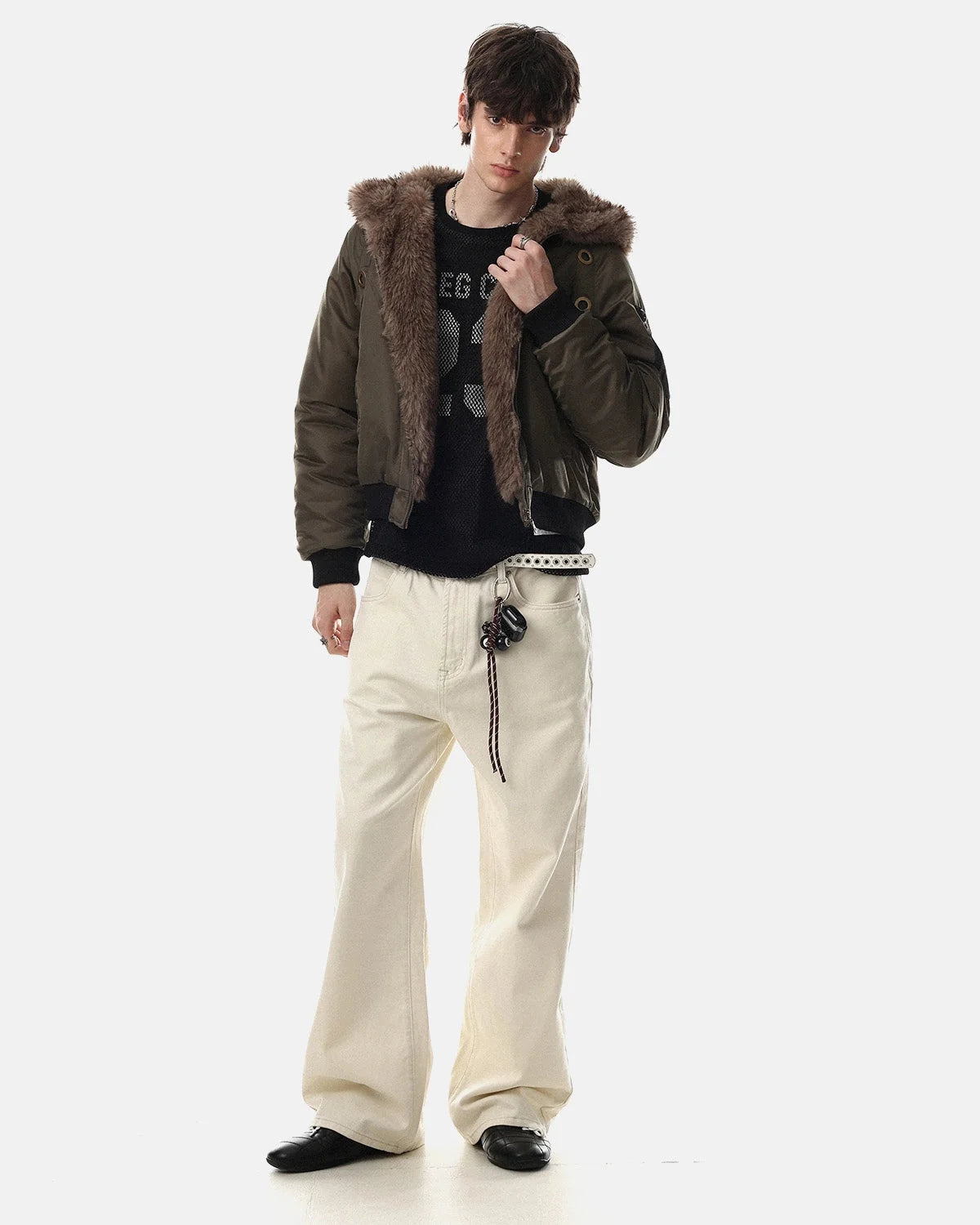 Omygoods Faux Fur Grommet Hooded Bomber Jacket
