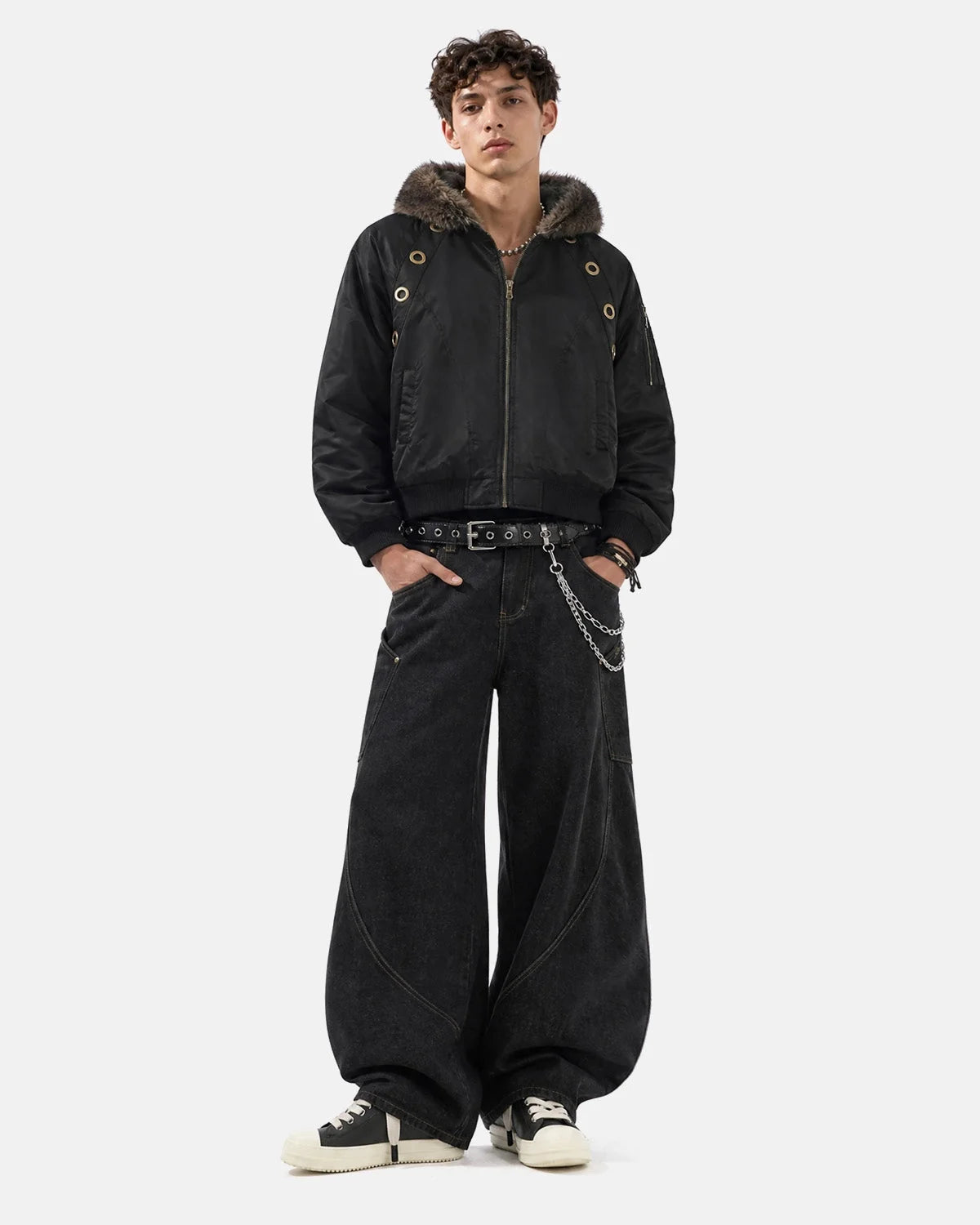 Omygoods Faux Fur Grommet Hooded Bomber Jacket