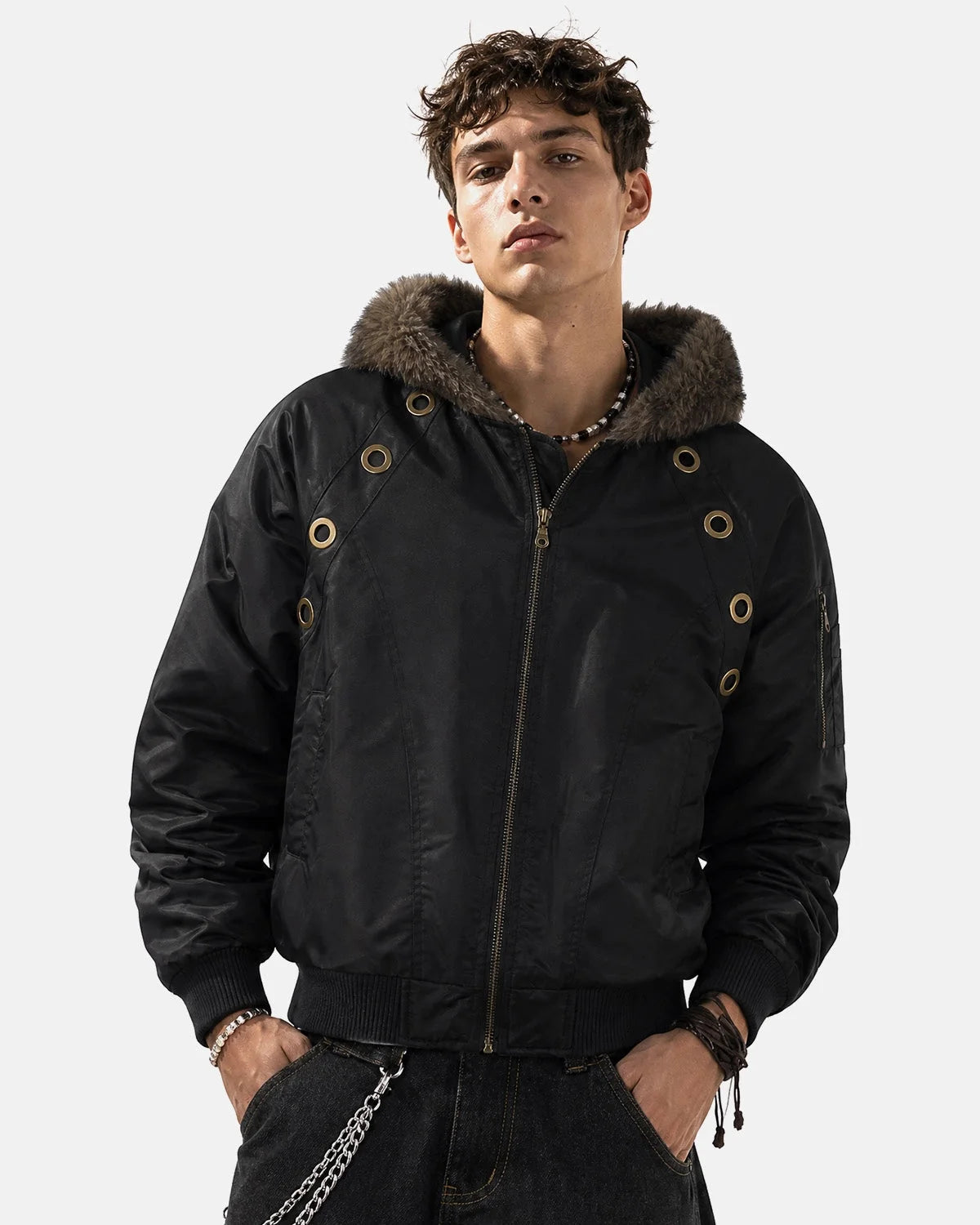 Omygoods Faux Fur Grommet Hooded Bomber Jacket