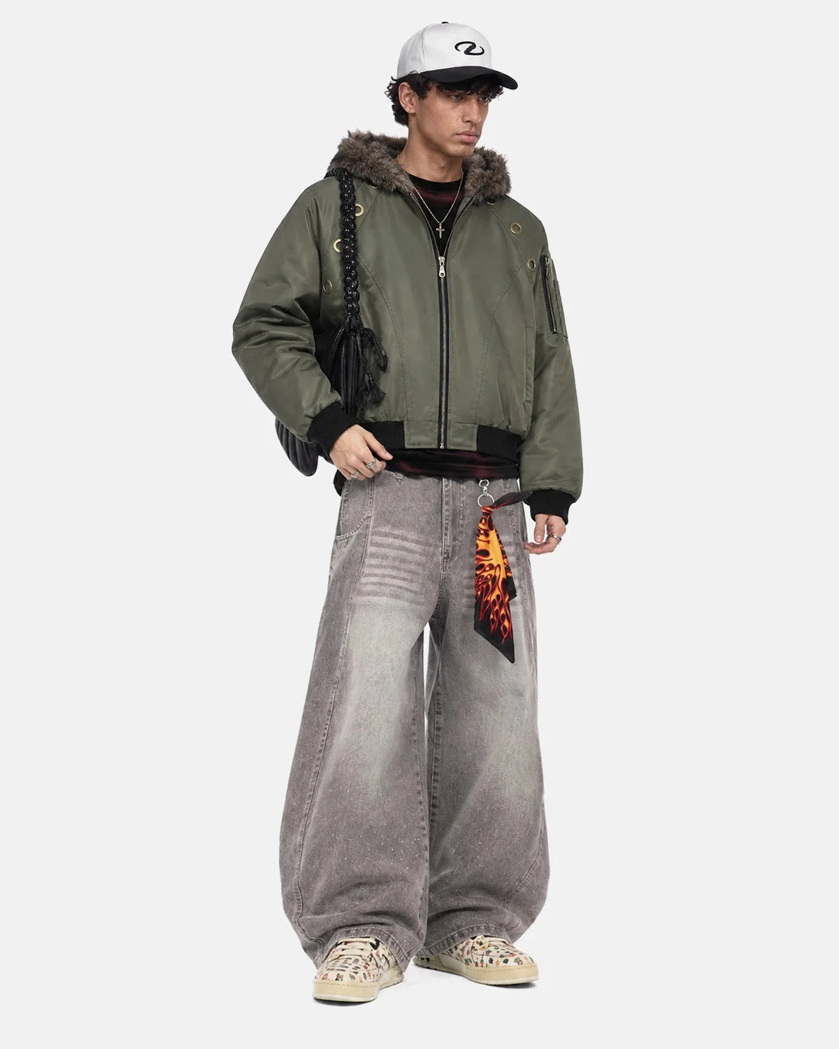 Omygoods Faux Fur Grommet Hooded Bomber Jacket