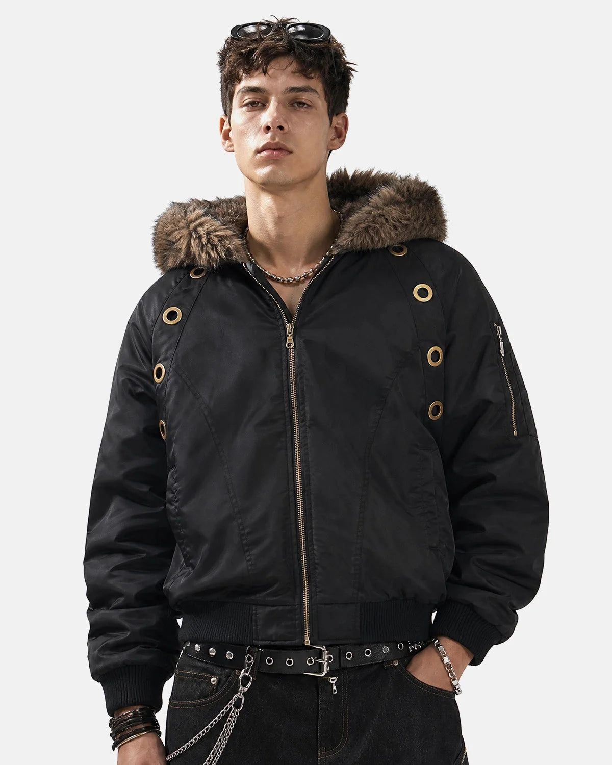 Omygoods Faux Fur Grommet Hooded Bomber Jacket