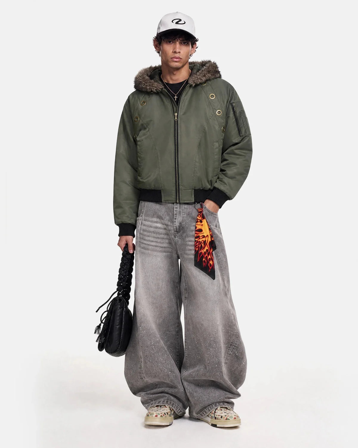 Omygoods Faux Fur Grommet Hooded Bomber Jacket