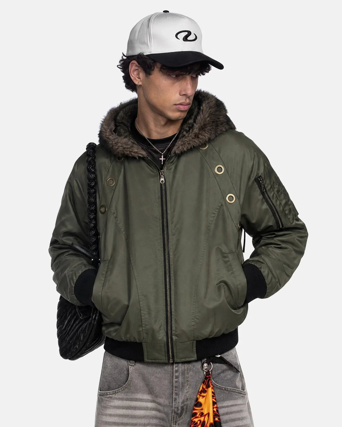 Omygoods Faux Fur Grommet Hooded Bomber Jacket