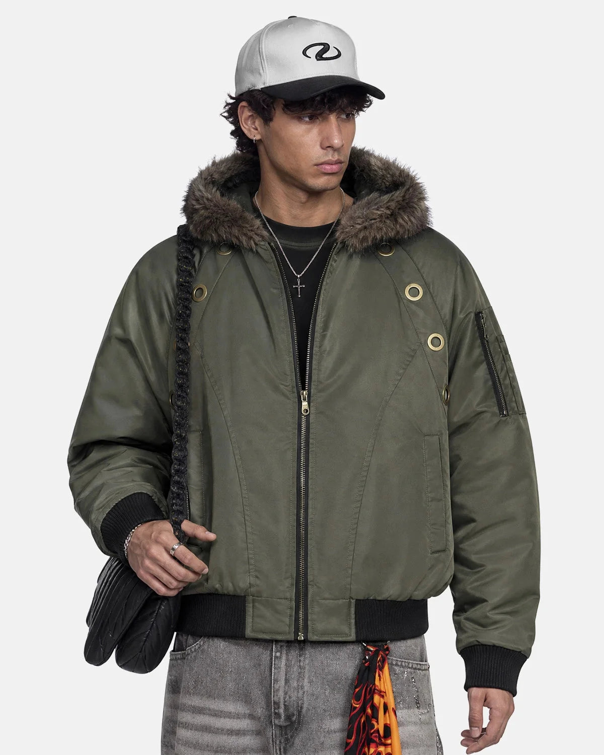Omygoods Faux Fur Grommet Hooded Bomber Jacket