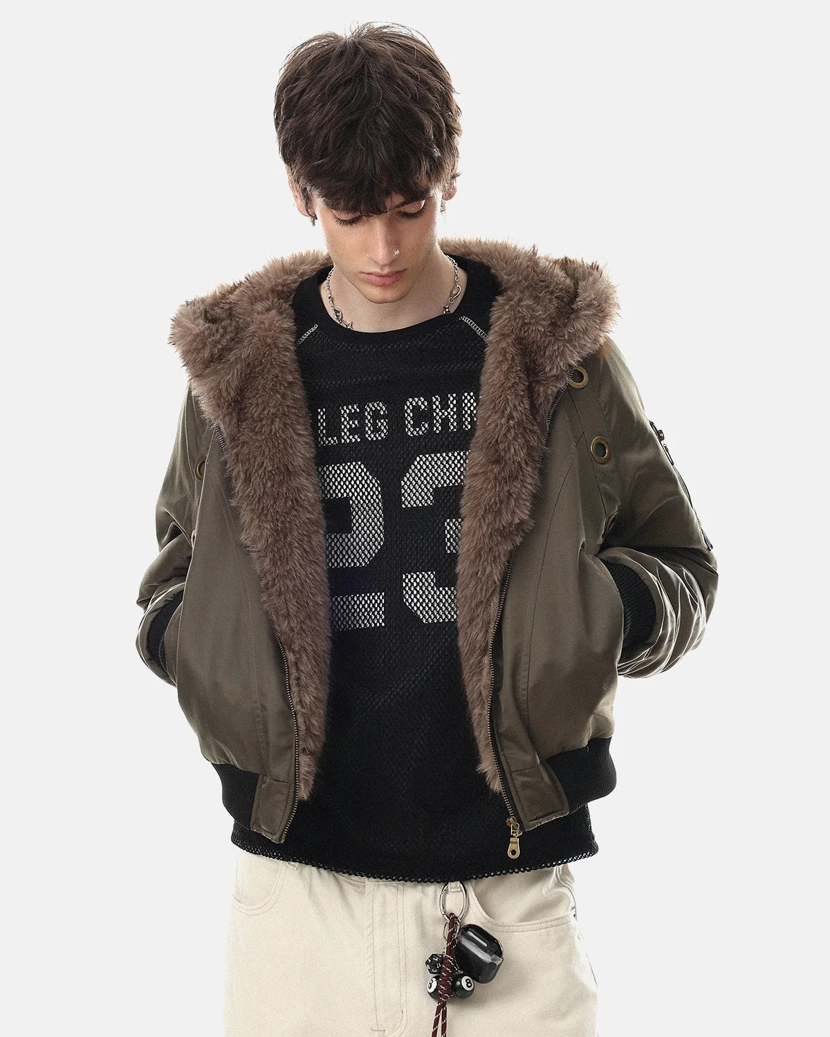 Omygoods Faux Fur Grommet Hooded Bomber Jacket