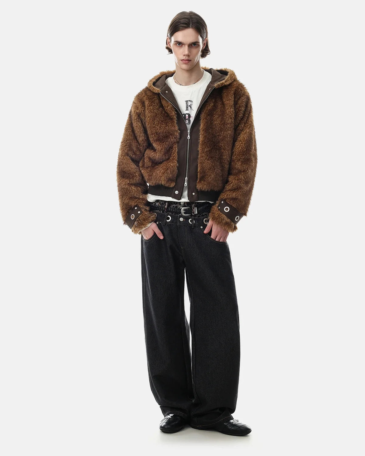 Omygoods Faux Fur Hooded Bomber Jacket