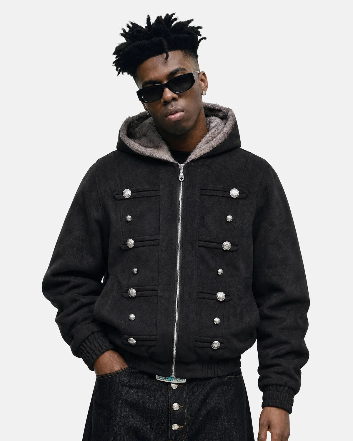Omygoods Faux Fur Hooded Bomber Jacket