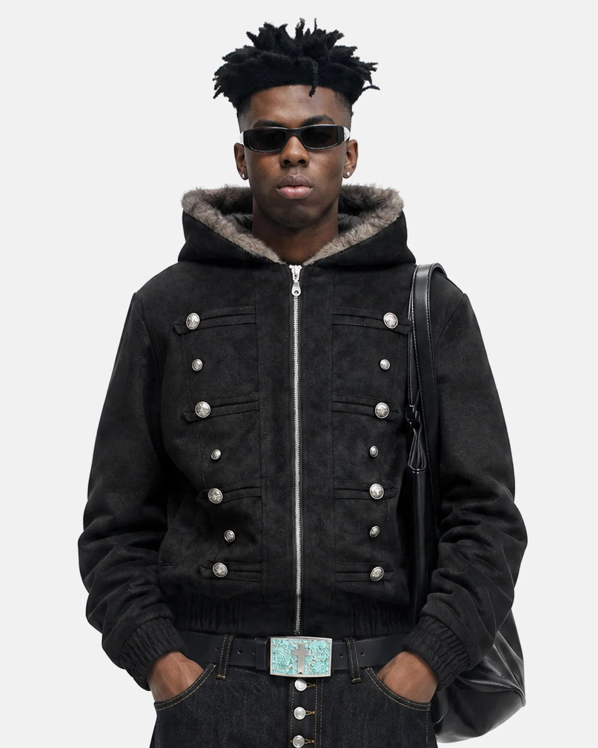 Omygoods Faux Fur Hooded Bomber Jacket