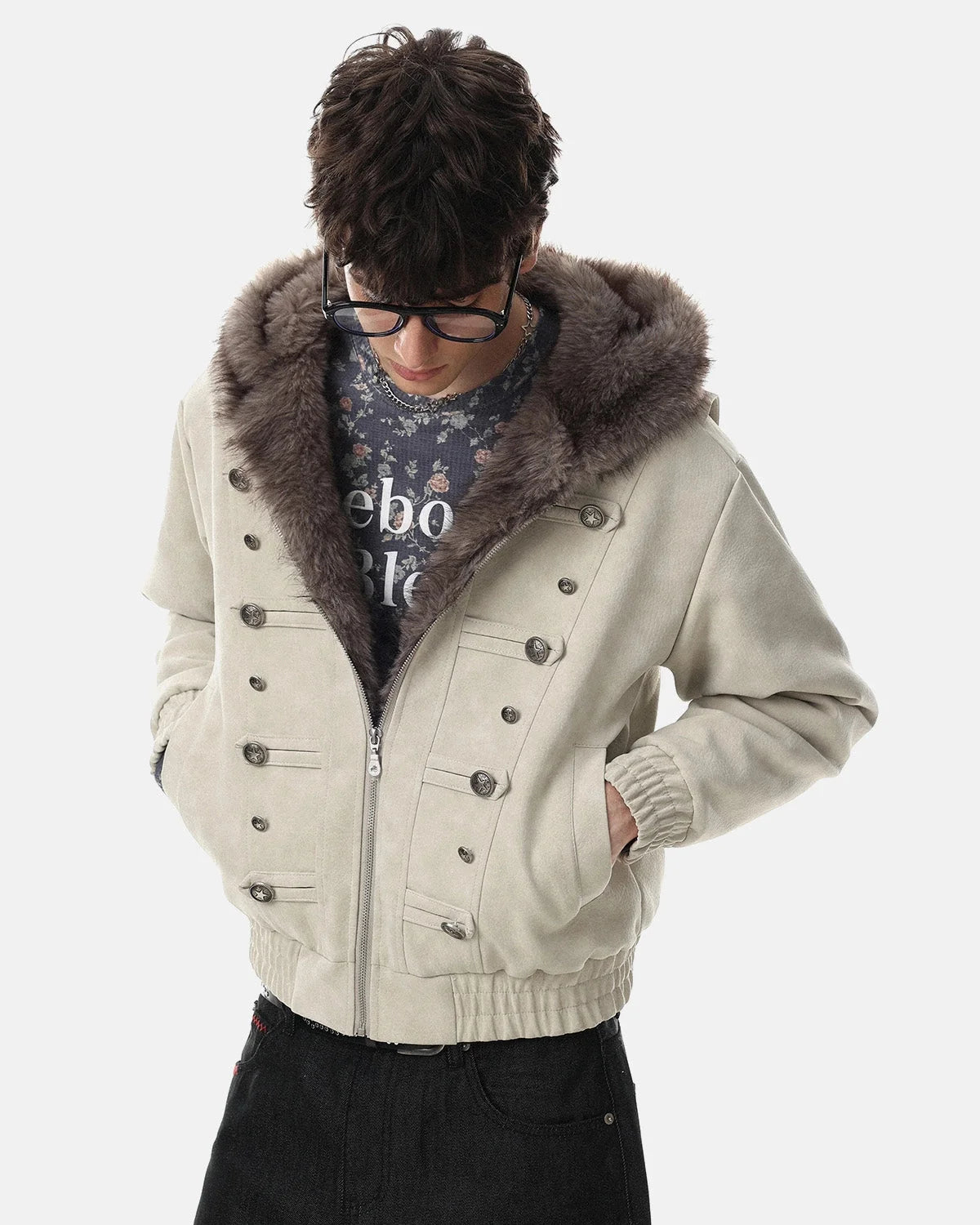 Omygoods Faux Fur Hooded Bomber Jacket