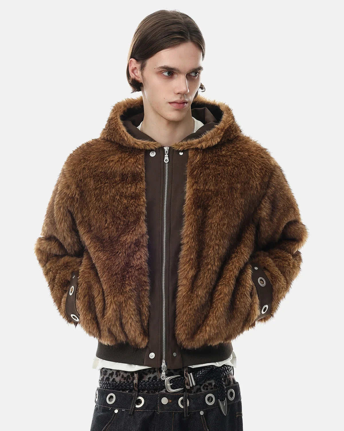 Omygoods Faux Fur Hooded Bomber Jacket