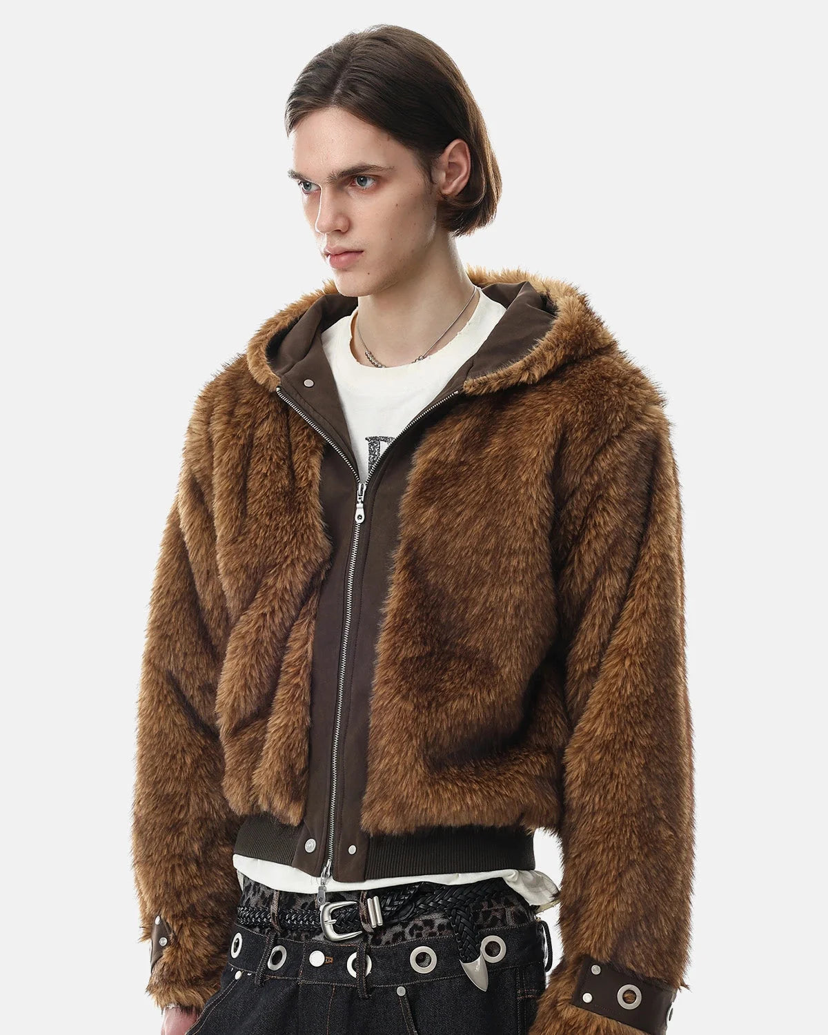 Omygoods Faux Fur Hooded Bomber Jacket