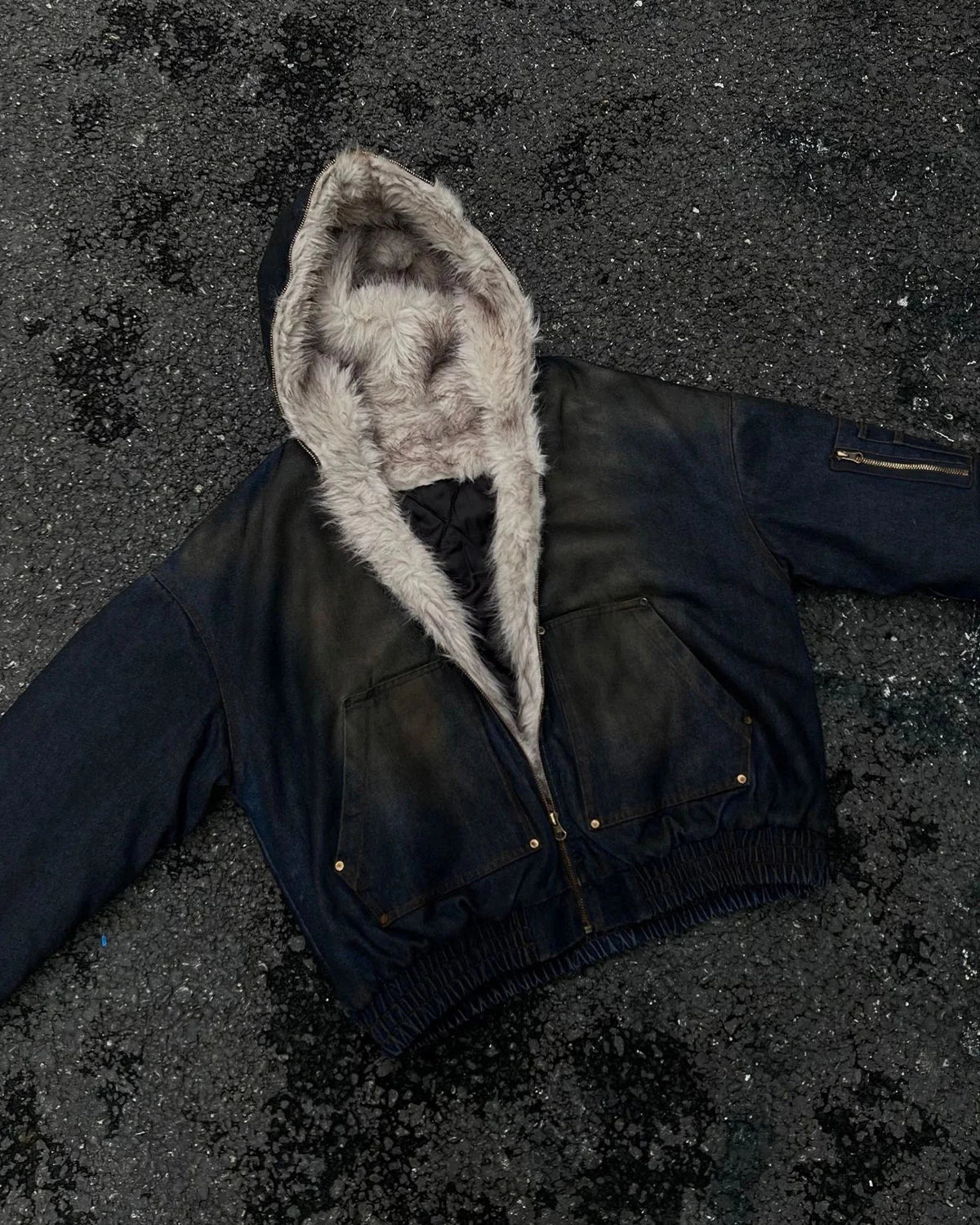 Omygoods Faux Fur Lined Acid Wash Bomber Jacket