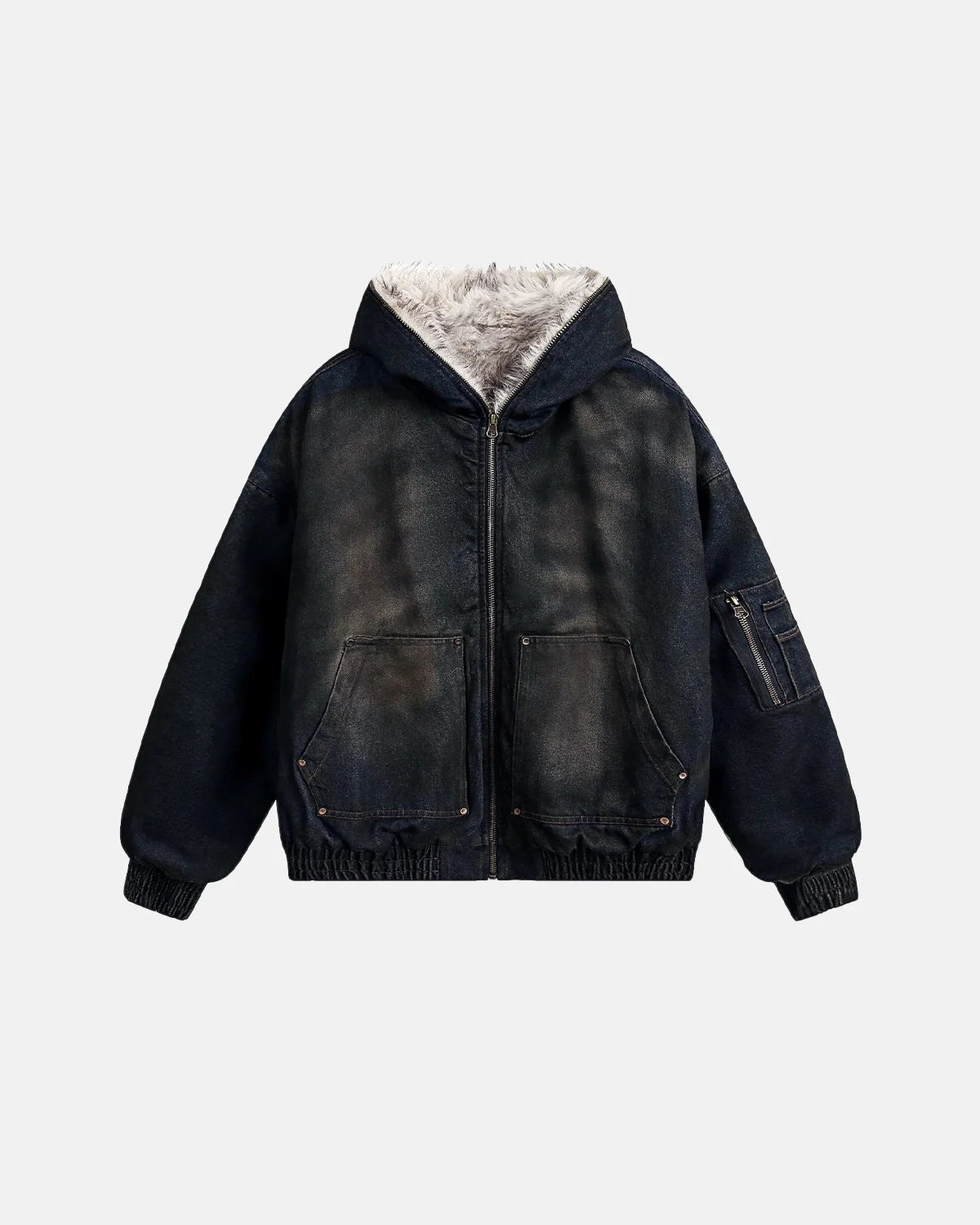 Omygoods Faux Fur Lined Acid Wash Bomber Jacket