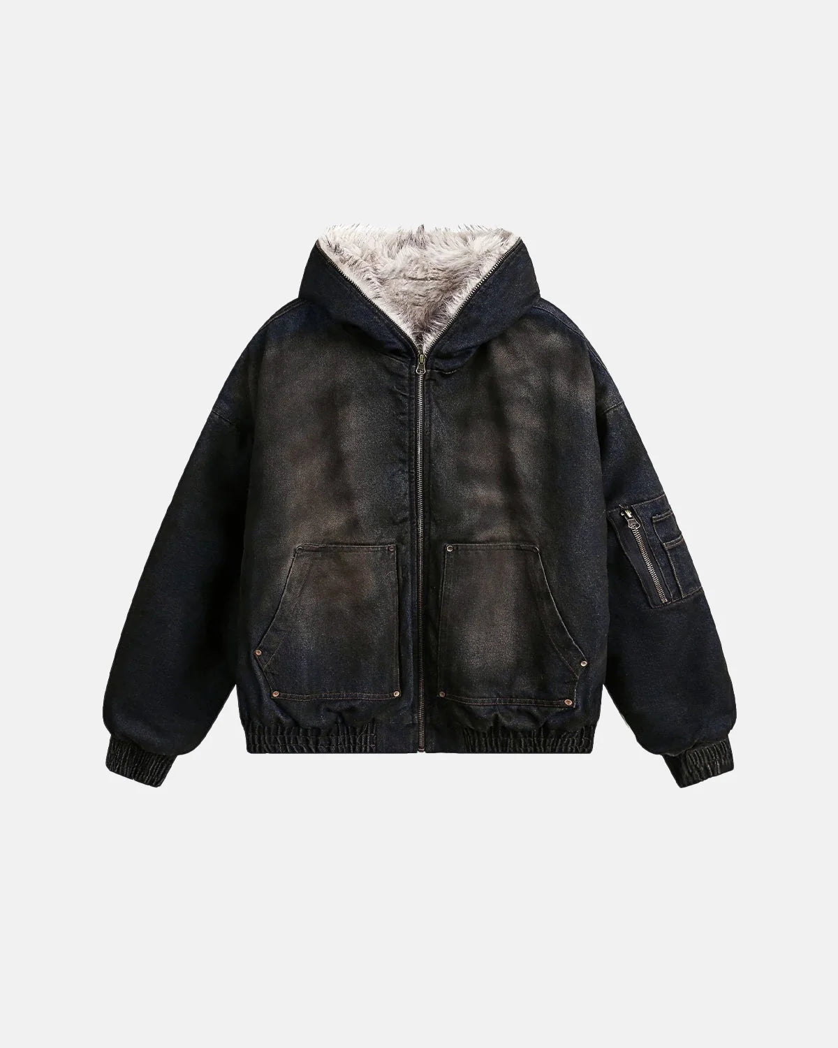 Omygoods Faux Fur Lined Acid Wash Bomber Jacket