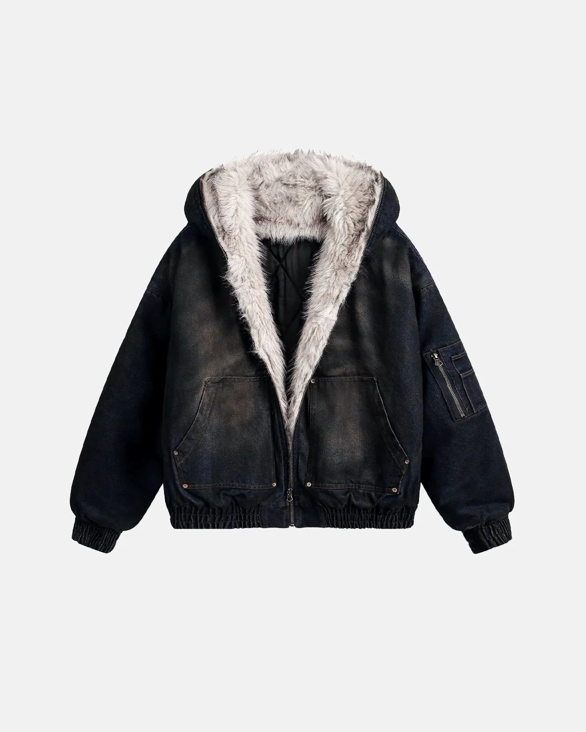 Omygoods Faux Fur Lined Acid Wash Bomber Jacket